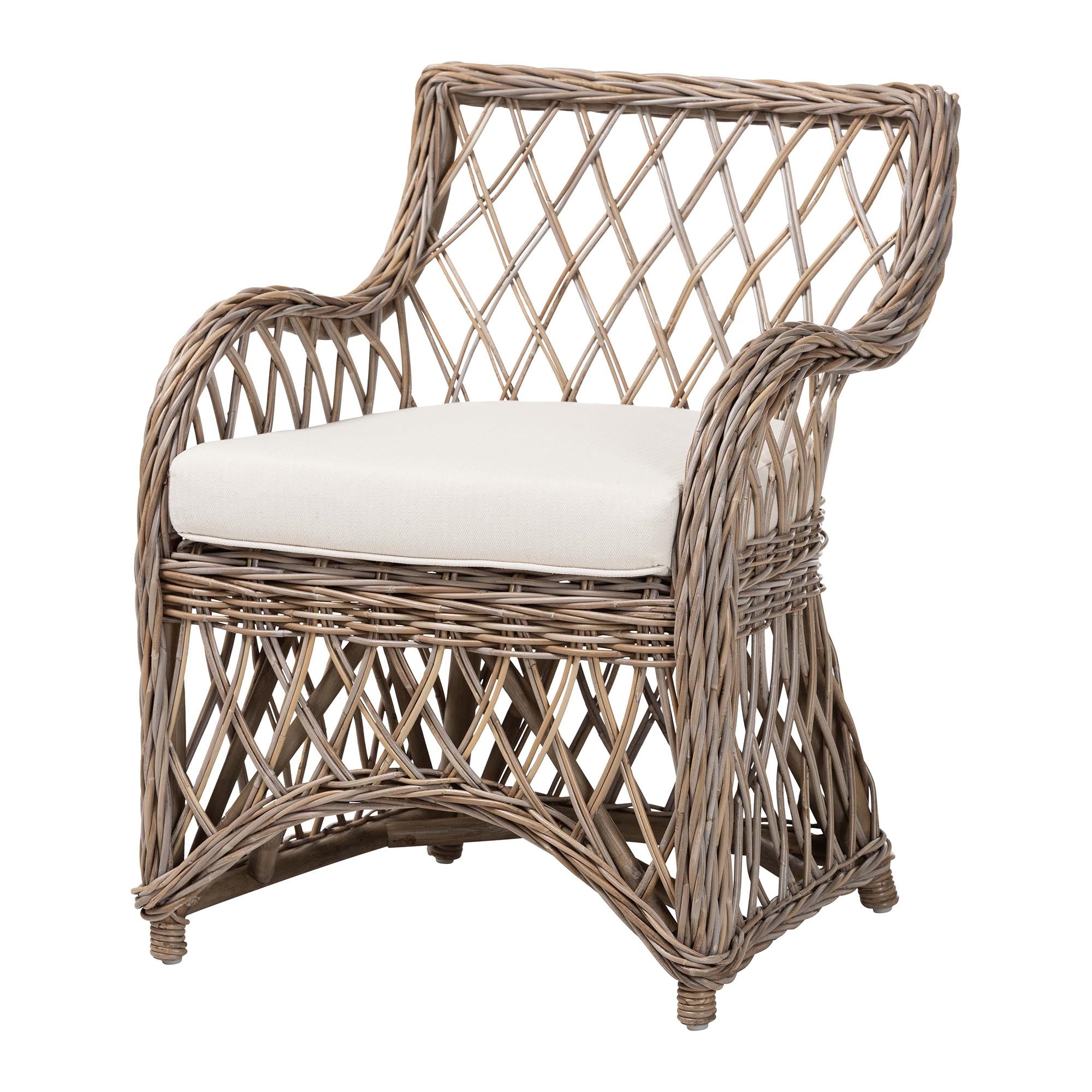 bali & pari Debra Rattan Armchair - Handwoven Open-Weave Wicker Armchair with Curved Silhouette & Removable Cushion, Coastal Boho Style Seating