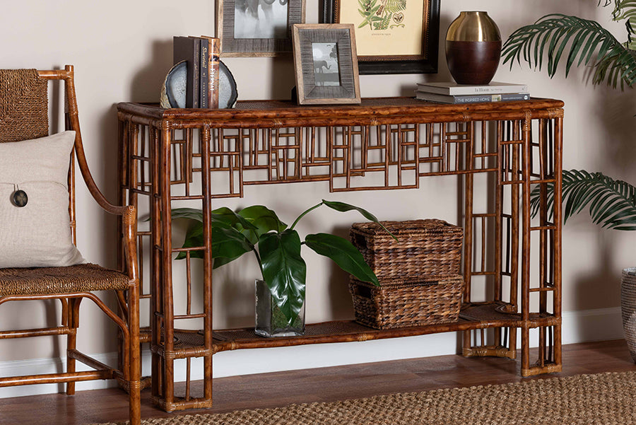 bali & pari Tahlia Marbled Tortoise Rattan Console Table - Handcrafted Wicker Accent Table with Coastal Boho Style