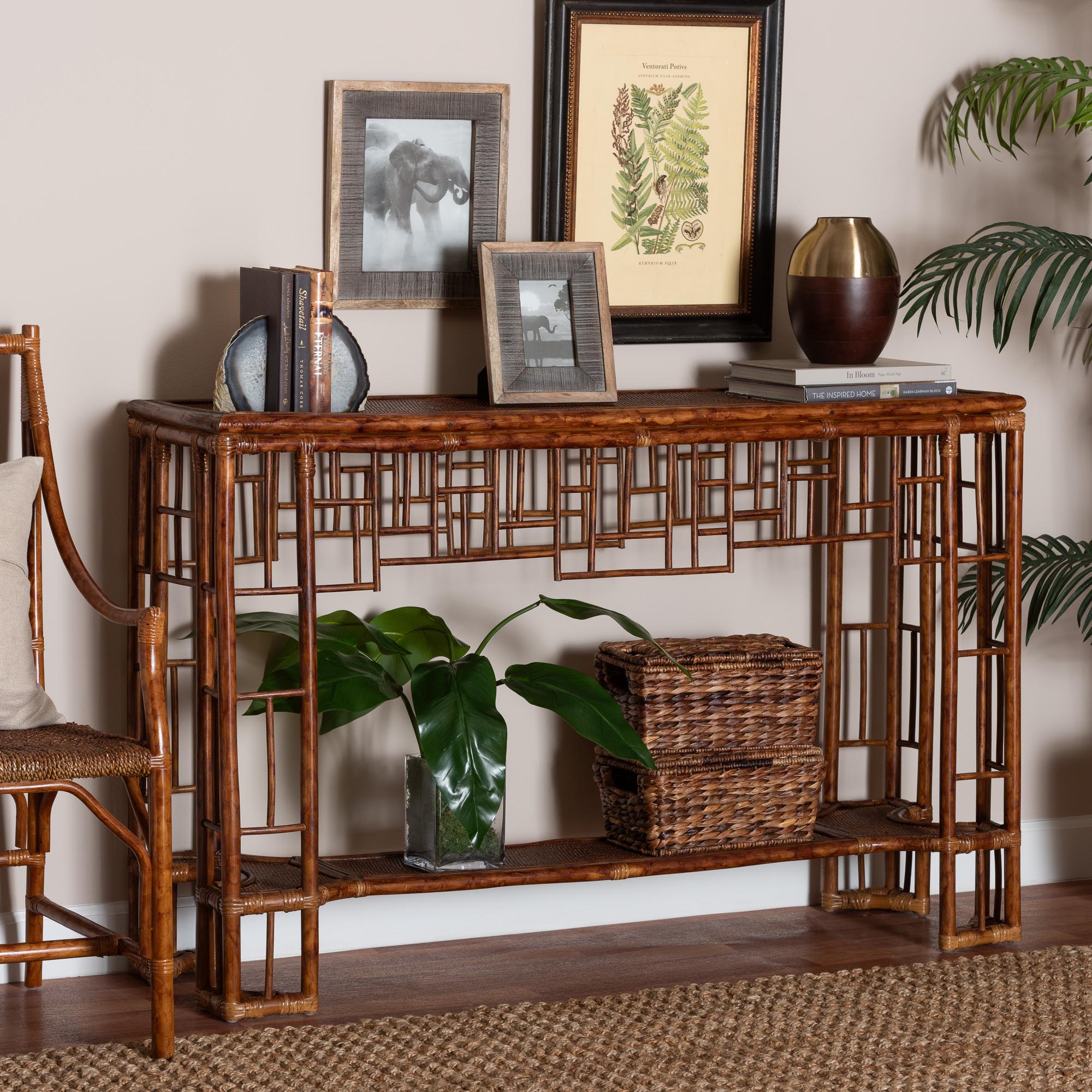 bali & pari Tahlia Marbled Tortoise Rattan Console Table - Handcrafted Wicker Accent Table with Coastal Boho Style