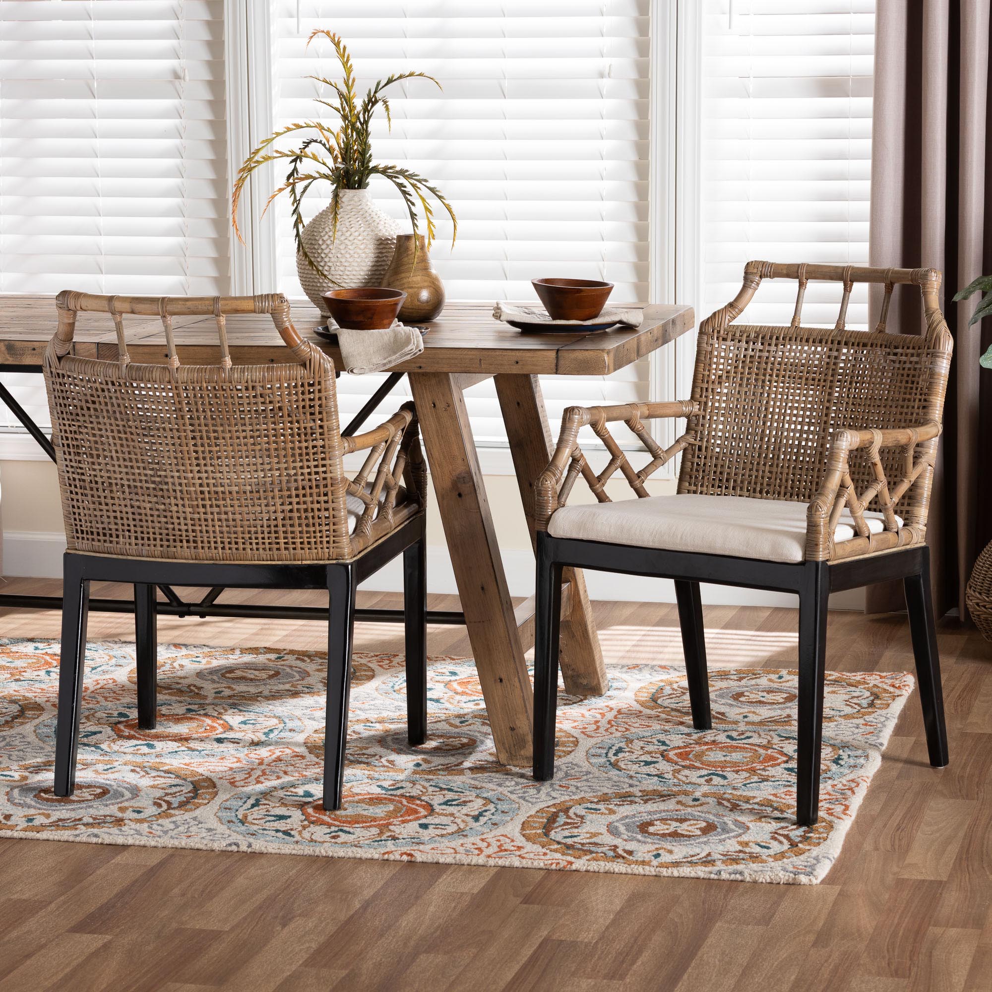 bali & pari Abiel Rattan 2-Piece Dining Armchair Set with Cushion - Handwoven Wicker Chair with Mahogany Wood Frame, Coastal Boho Seating for Dining Room or Kitchen