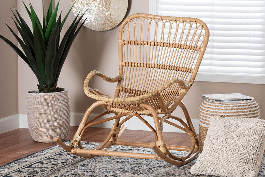 Bali & Pari Mahin Rattan Rocking Chair Handwoven Wicker Accent Rocker with Curved Armrests and High Back, Boho Coastal Lounge Chair