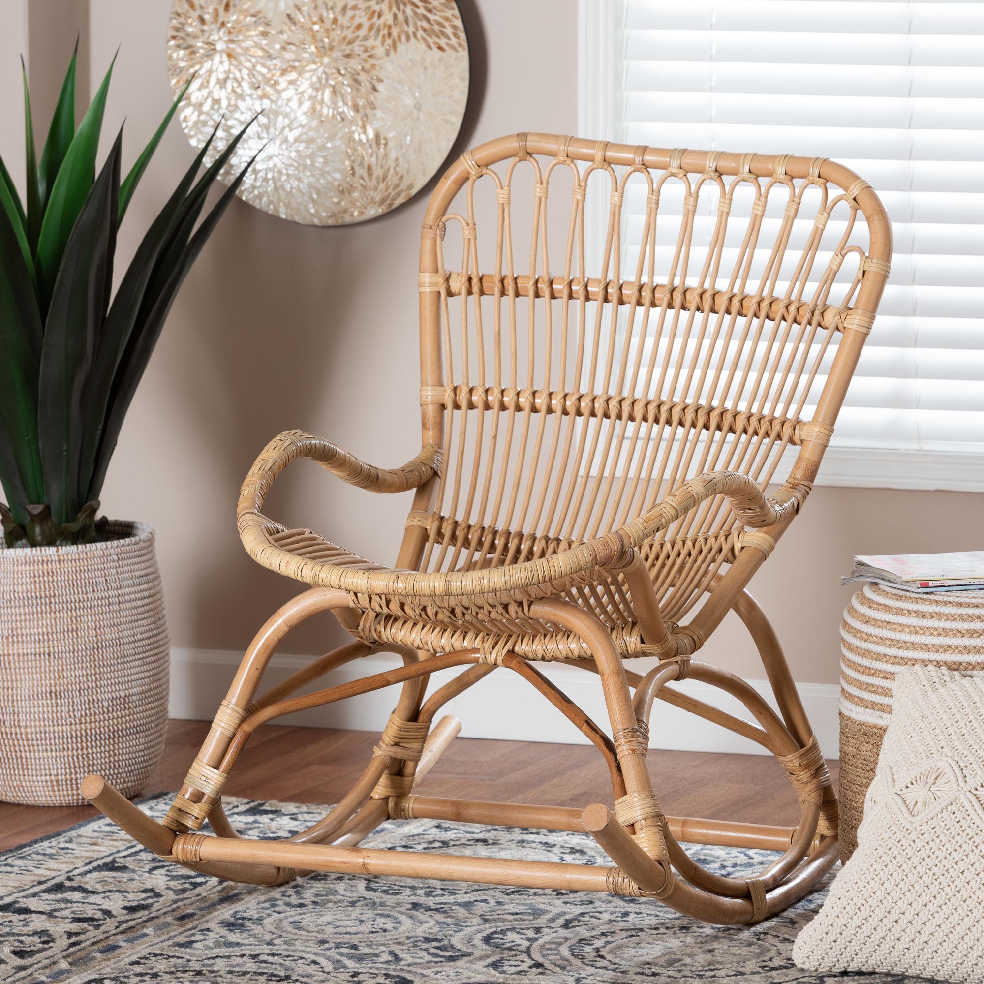 Bali & Pari Mahin Rattan Rocking Chair Handwoven Wicker Accent Rocker with Curved Armrests and High Back, Boho Coastal Lounge Chair
