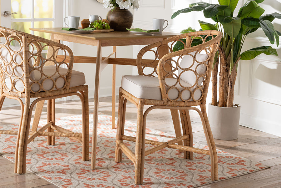 bali & pari Prisca Rattan Counter Stool with Bubble Frame - Handwoven Wicker Accent Stool with Round Back and Removable Cushions for Kitchen Island or Lounge