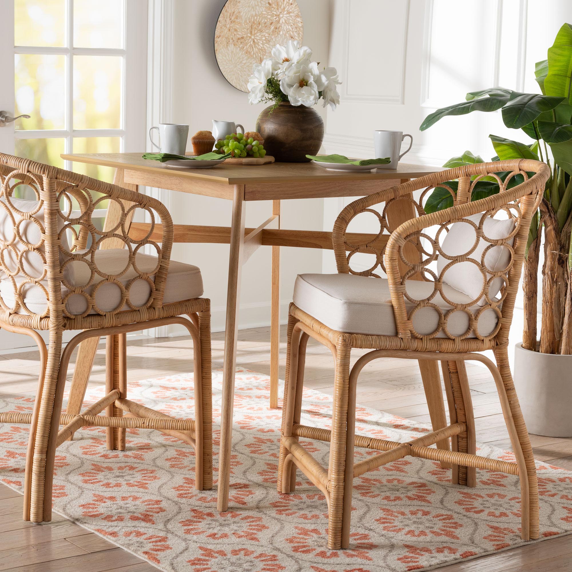 bali & pari Prisca Rattan Counter Stool with Bubble Frame - Handwoven Wicker Accent Stool with Round Back and Removable Cushions for Kitchen Island or Lounge
