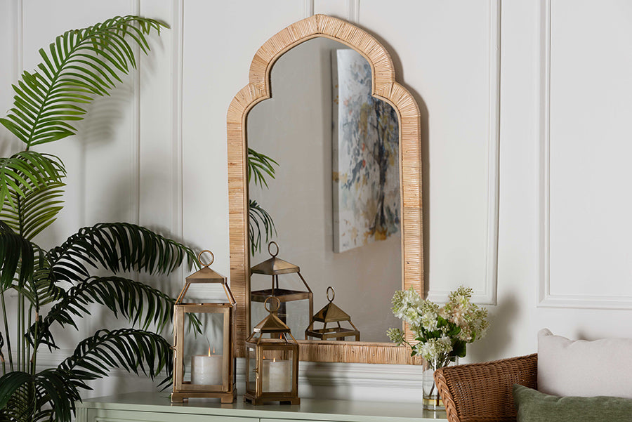 bali & pari Plautilla Rattan Arched Wall Mirror - Decorative Hand Wrapped Wicker Accent Mirror for Entryway, Bedroom, or Living Room