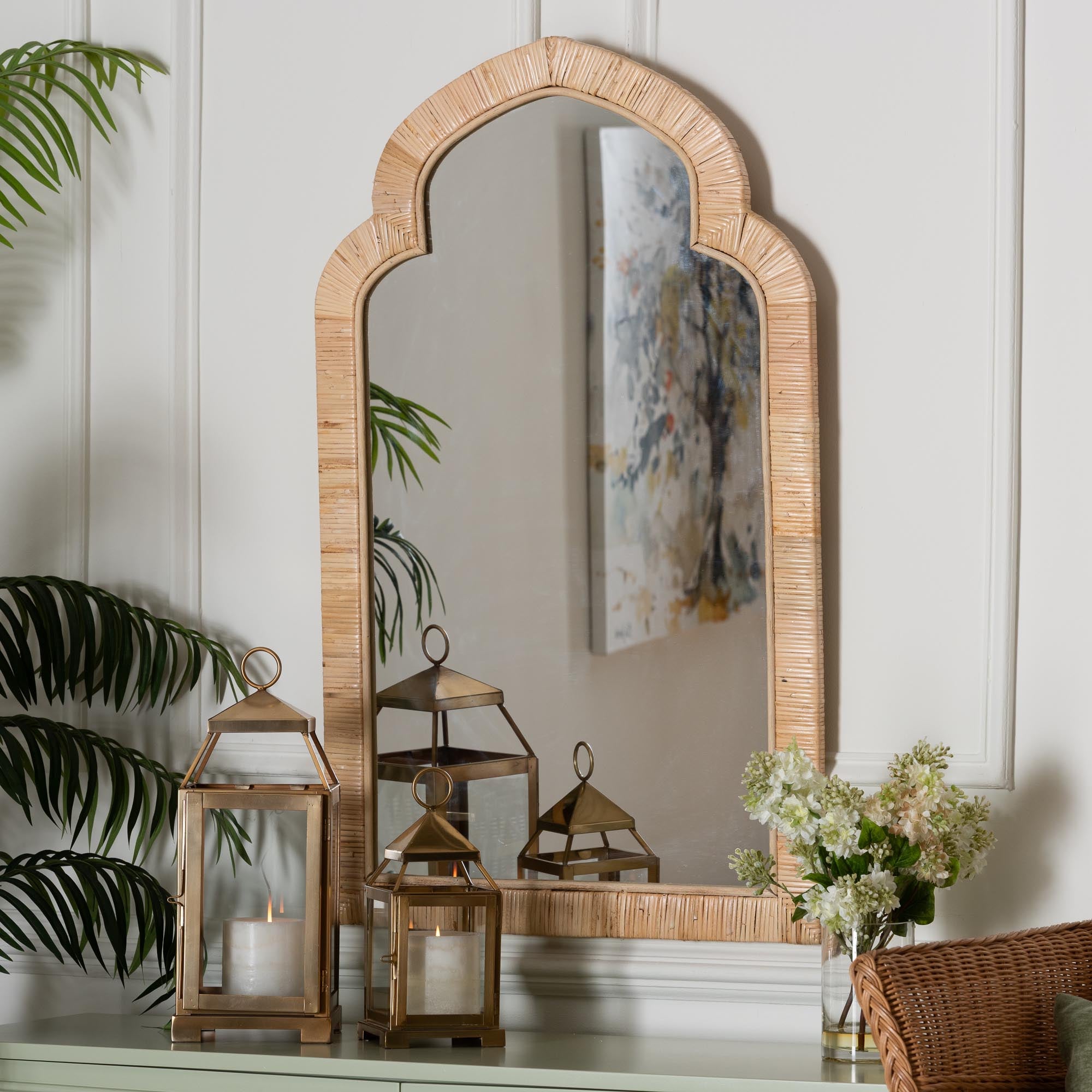 bali & pari Plautilla Rattan Arched Wall Mirror - Decorative Hand Wrapped Wicker Accent Mirror for Entryway, Bedroom, or Living Room