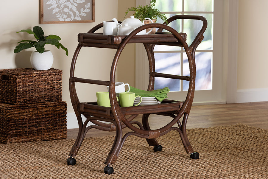 bali & pari Selah Rattan Kitchen Cart - Handwoven Wicker 2-Tier Mobile Serving Cart with Tray Top