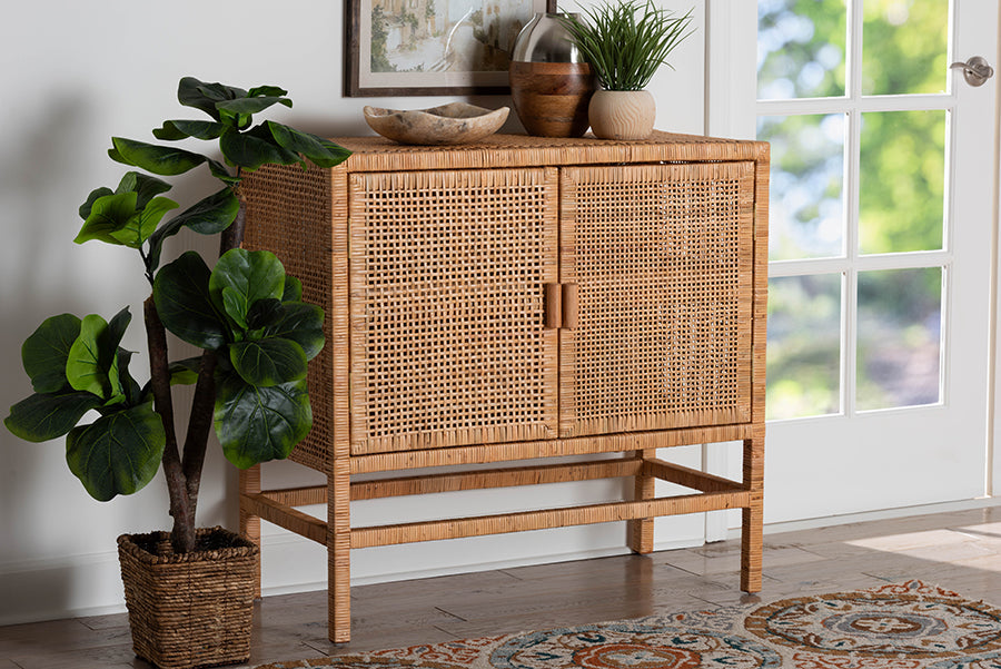bali & pari Vivan Rattan Storage Cabinet - 2-Tier Handwoven Wicker Accent Cabinet with Double Doors and Elevated Base,