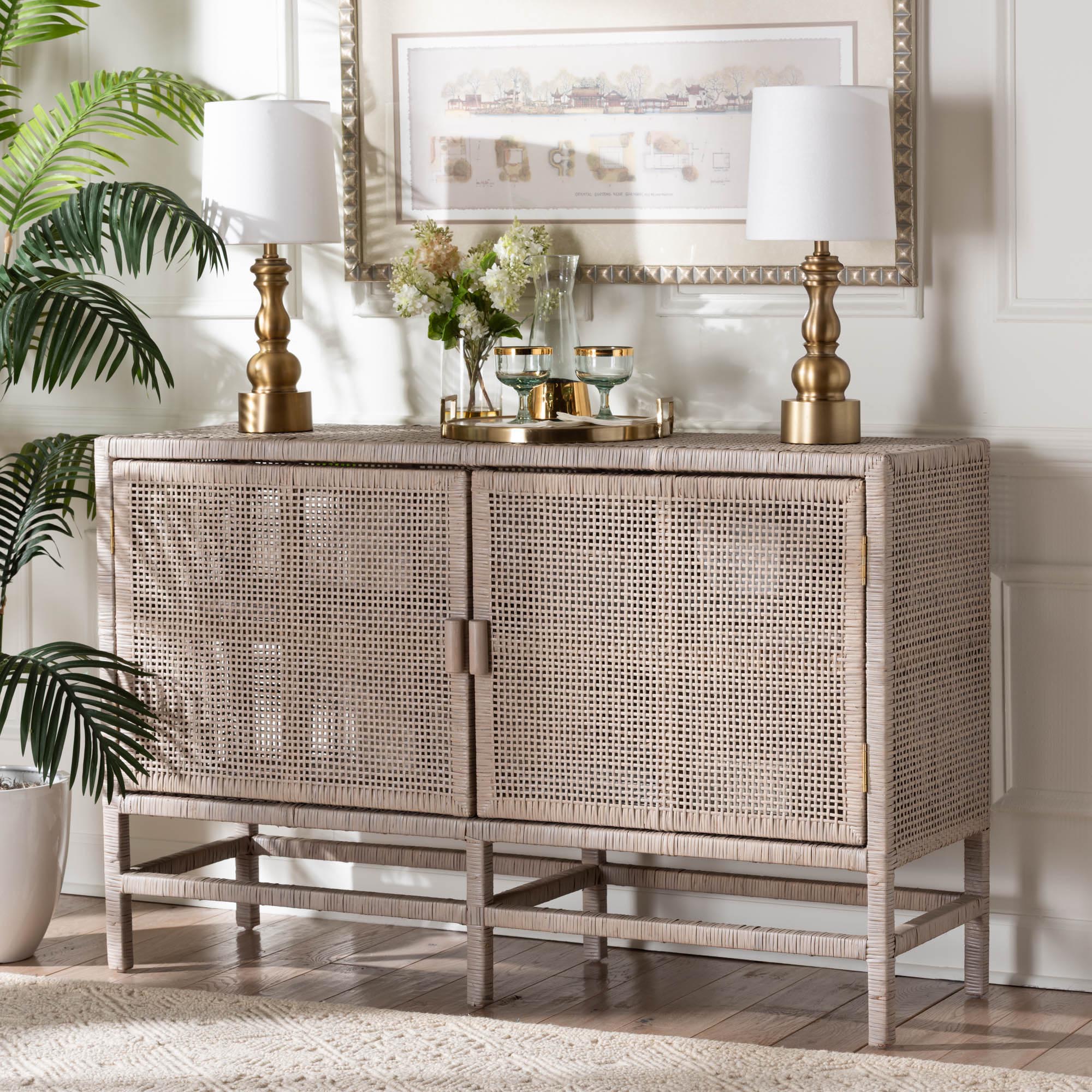 bali & pari Vivan Rattan Storage Cabinet - 2-Tier Handwoven Wicker Accent Cabinet with Double Doors and Elevated Base, French