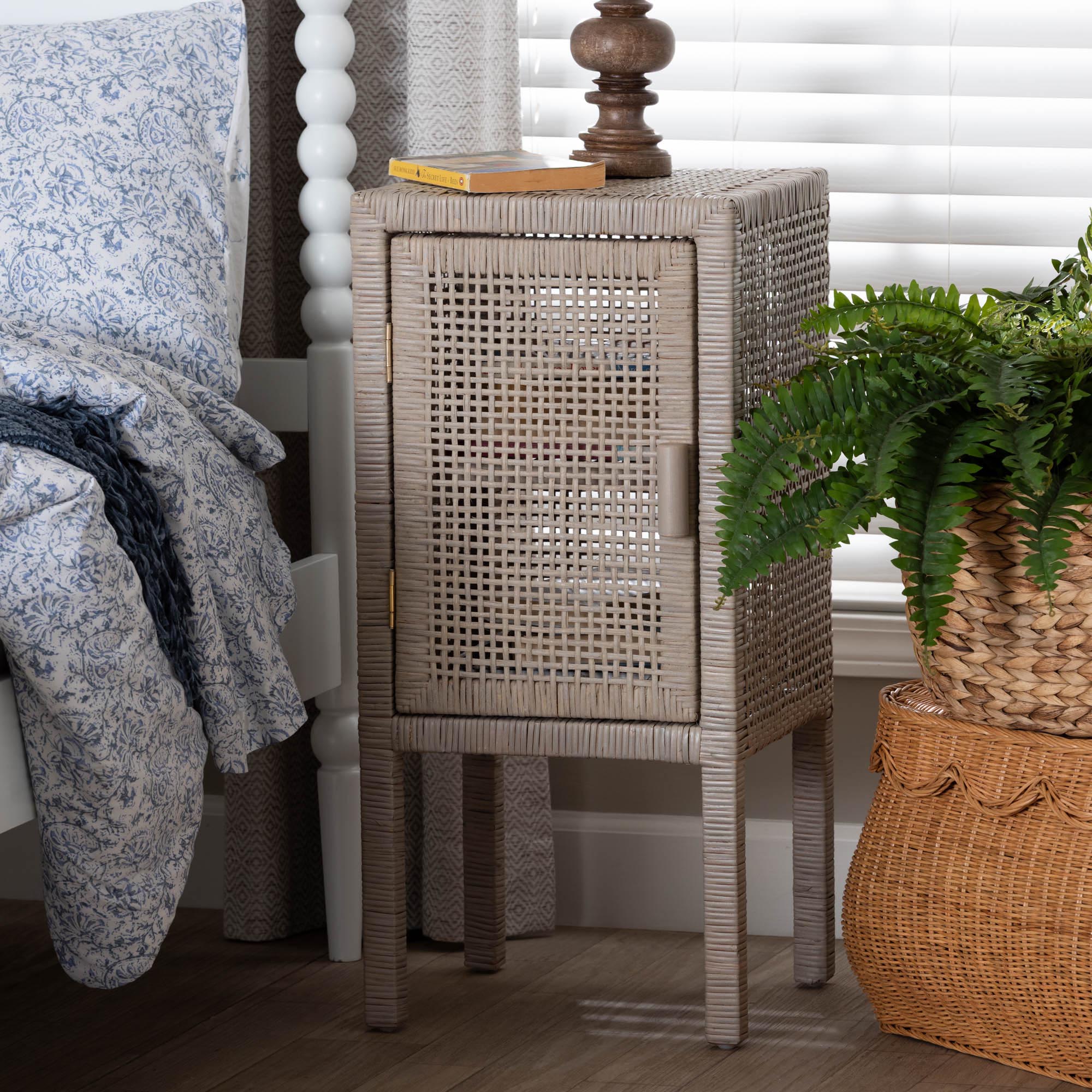 bali & pari Vivan Rattan Nightstand - Handwoven Wicker Accent Bedside Table with Interior Shelving and Elevated Base, French