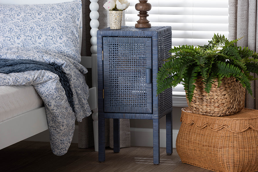 bali & pari Vivan Rattan Nightstand - Handwoven Wicker Accent Bedside Table with Interior Shelving and Elevated Base,