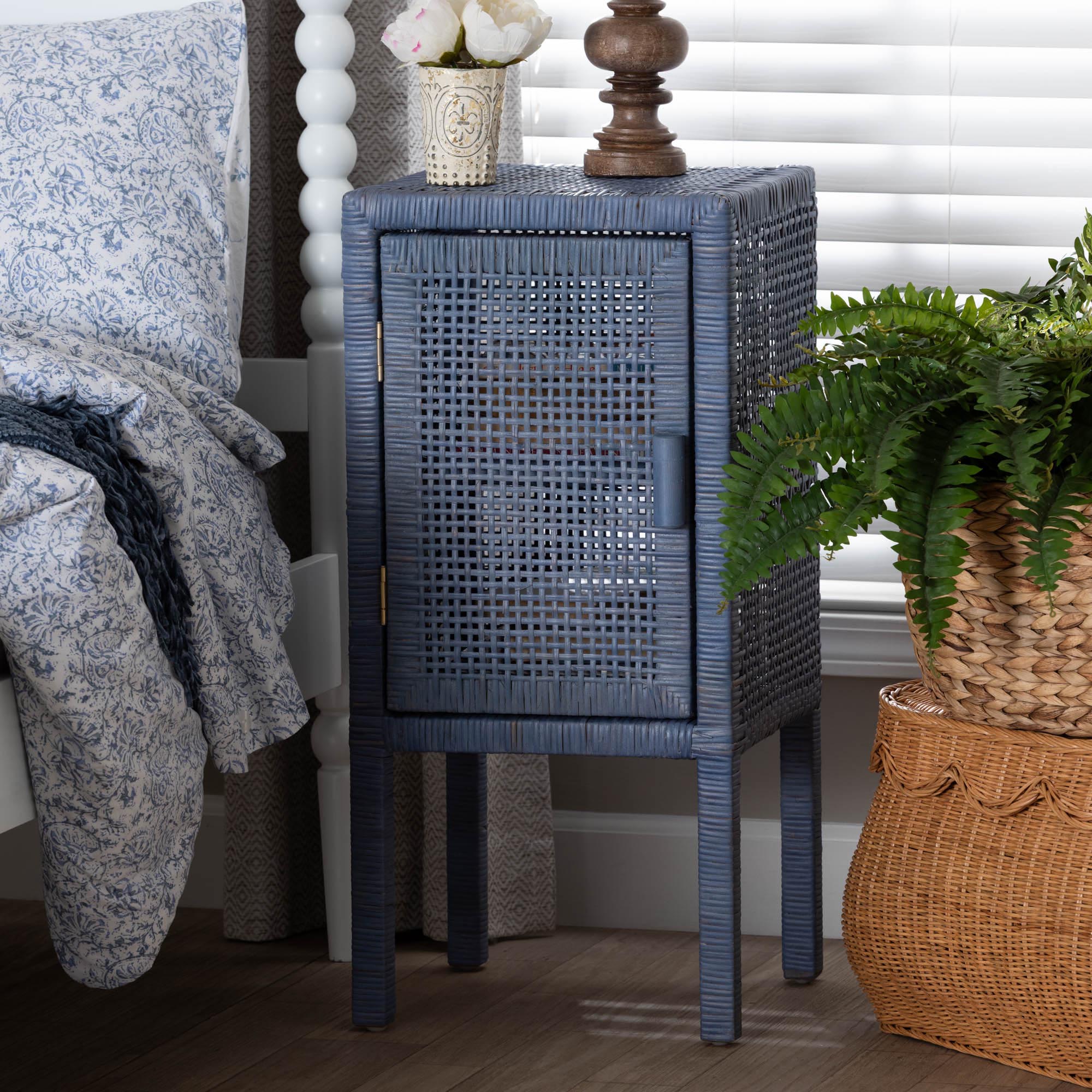 bali & pari Vivan Rattan Nightstand - Handwoven Wicker Accent Bedside Table with Interior Shelving and Elevated Base,