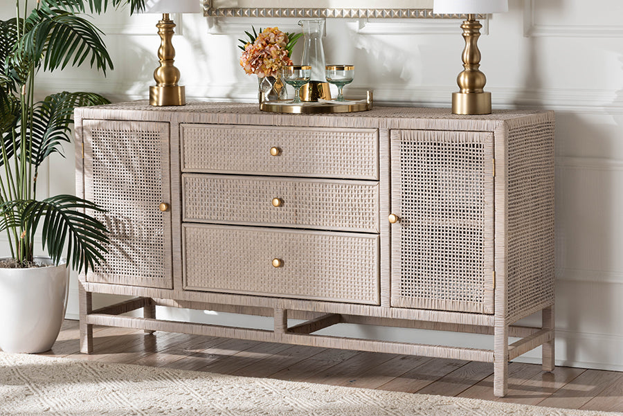 bali & pari Vivan Rattan Storage Cabinet - 3-Drawer Handwoven Wicker Accent Cabinet with Interior Shelving and Elevated Base, French