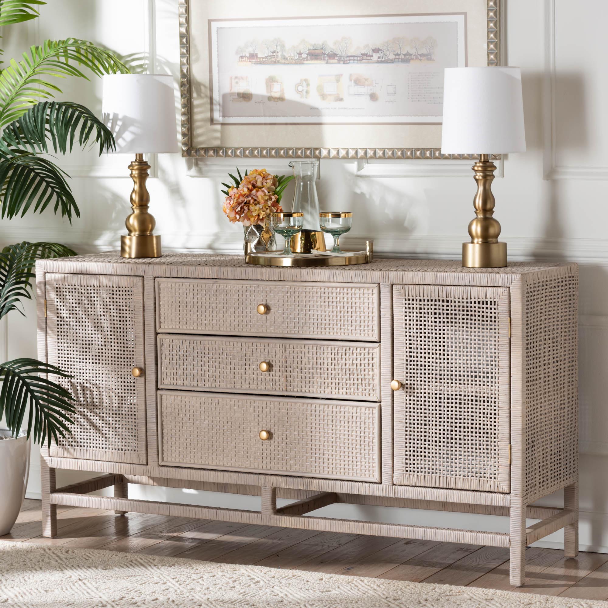 bali & pari Vivan Rattan Storage Cabinet - 3-Drawer Handwoven Wicker Accent Cabinet with Interior Shelving and Elevated Base, French