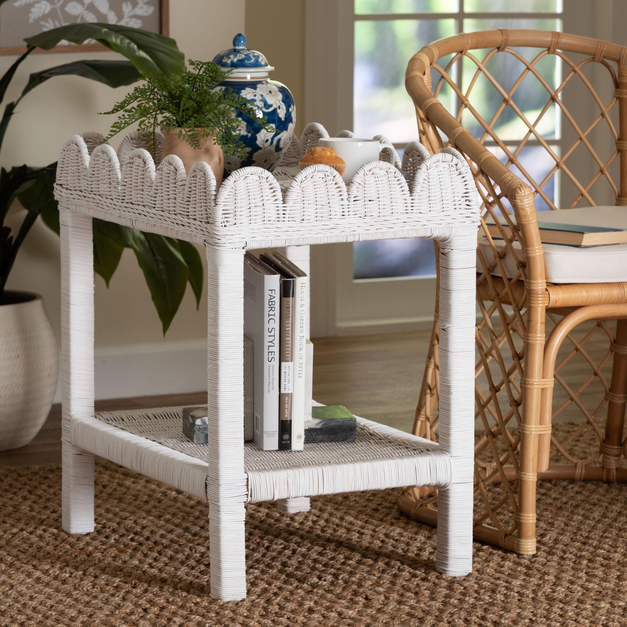 bali & pari Sumana Rattan Side Table - Handwoven Wicker 2-Tier Accent End Table with Scalloped Tray Top for Living Room,