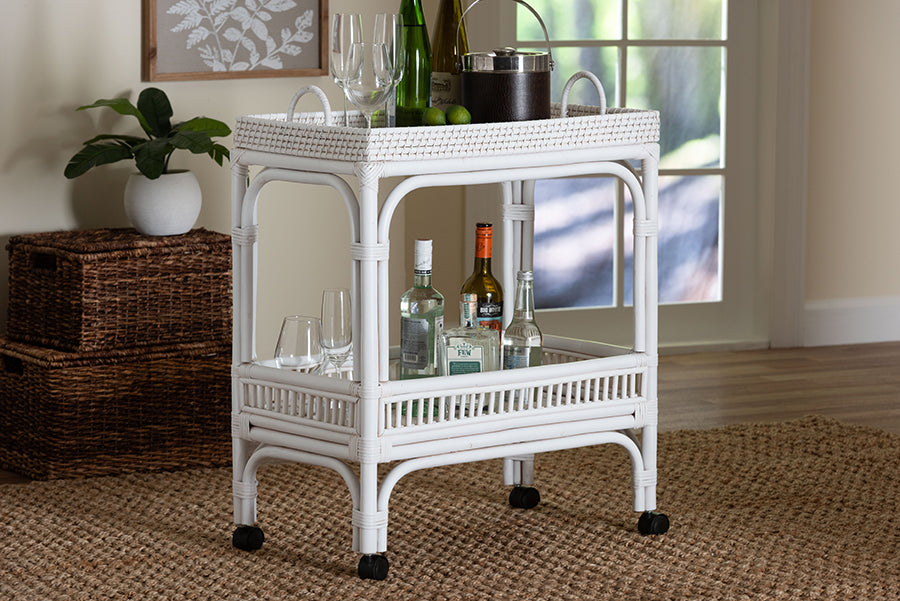 Bali & Pari Lombok Rattan Wine Cart Handwoven Wicker 2-Tier Mobile Bar Cart with Raised Tray Top Kitchen or Lounge