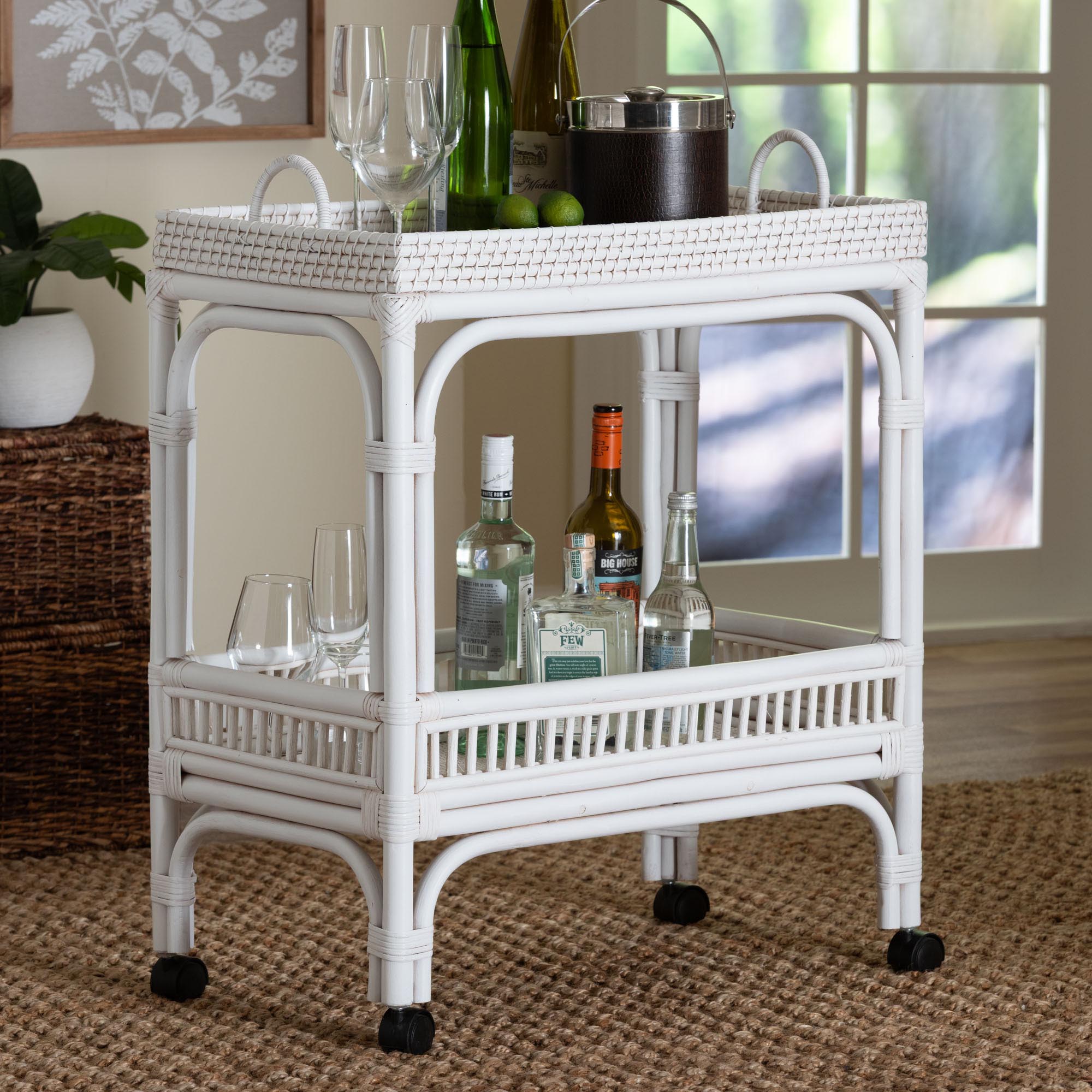 Bali & Pari Lombok Rattan Wine Cart Handwoven Wicker 2-Tier Mobile Bar Cart with Raised Tray Top Kitchen or Lounge