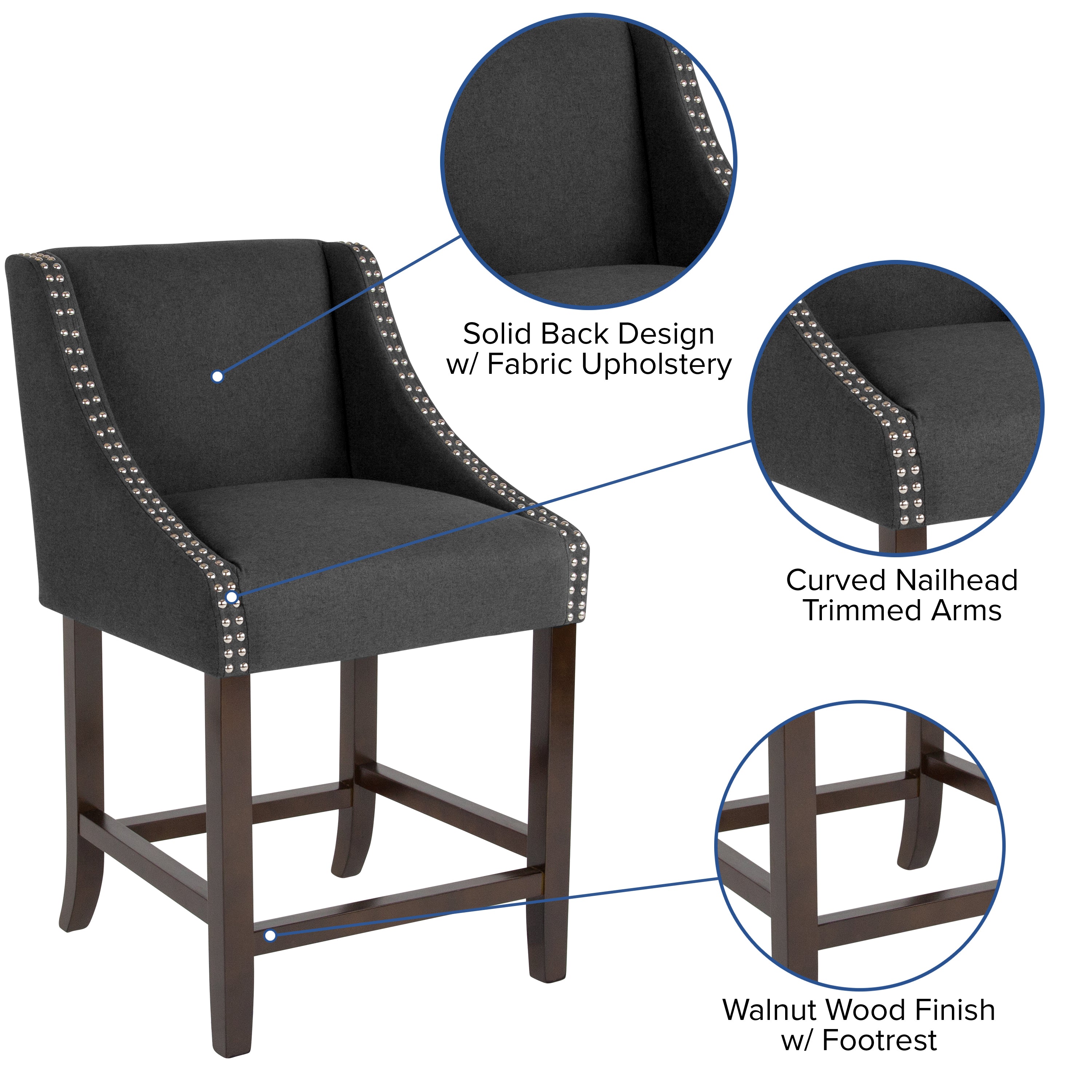 Carmel Series 24" High Transitional Wood Counter Height Stool with Accent Nail Trim, Set of 2