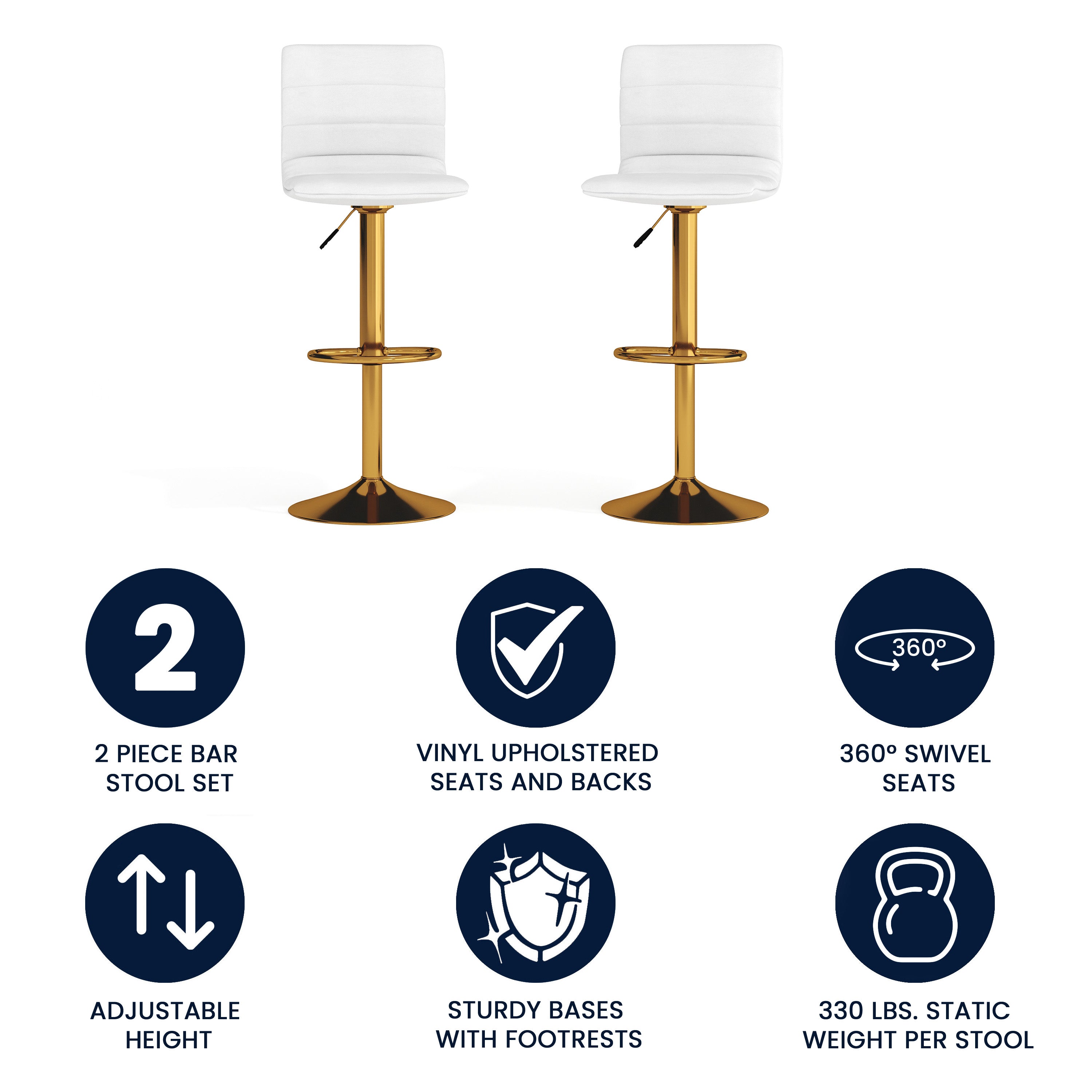 Modern Vinyl Adjustable Height Barstool with Horizontal Stitch Back, Set of 2