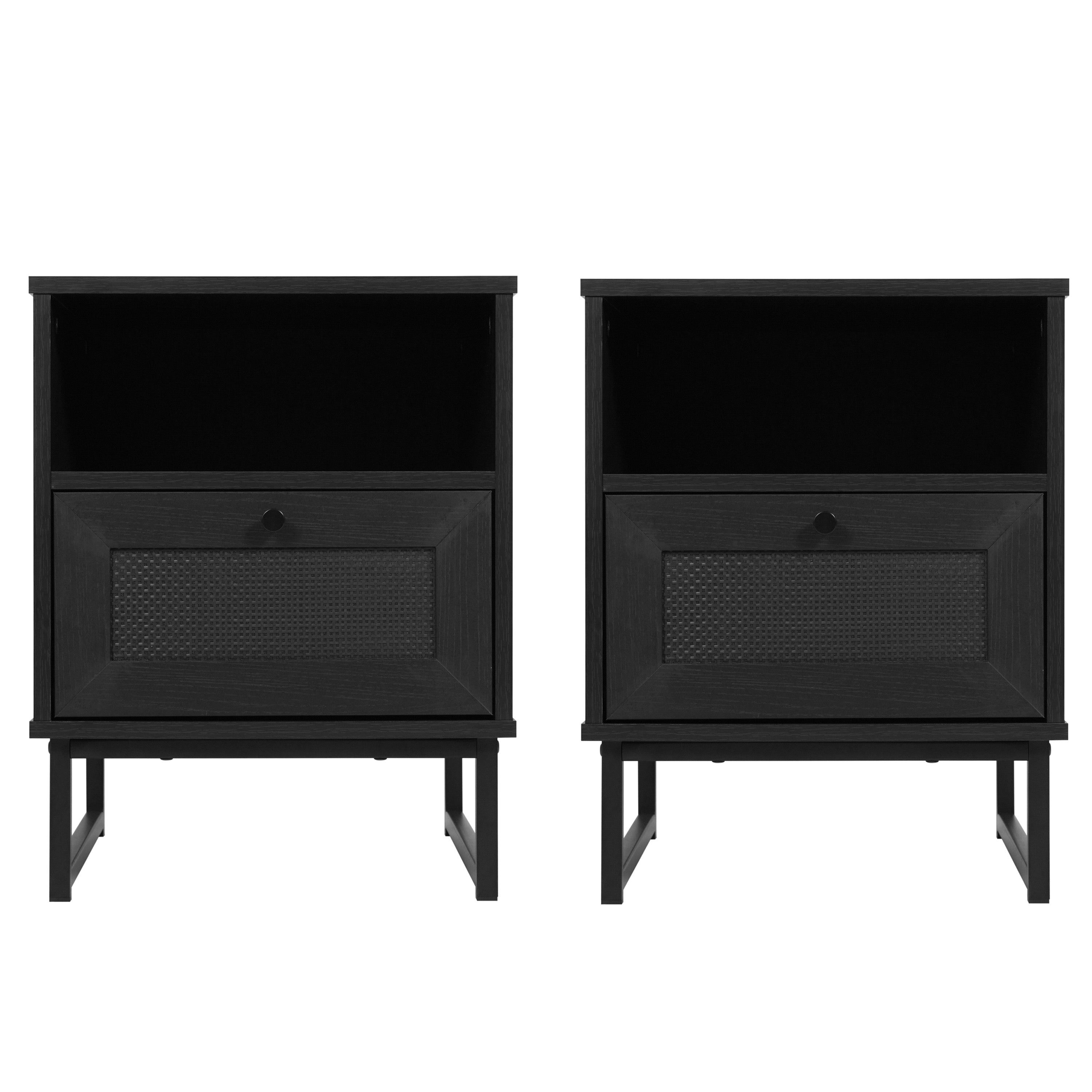 Malaki Set of 2 Mid-Century Modern Nightstands or End Tables with Rattan Accented Drawers, Open Upper Shelves, and Metal Legs