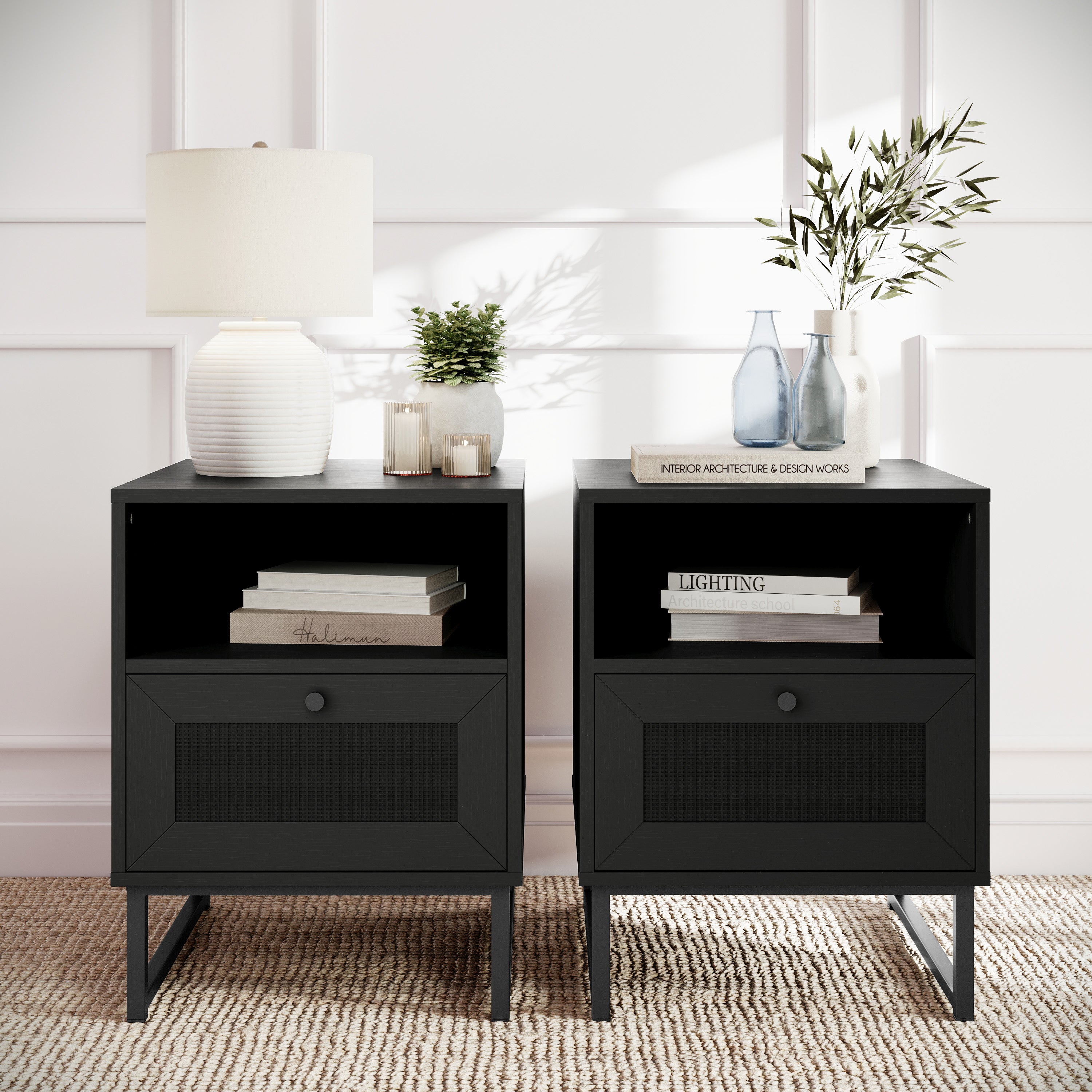 Malaki Set of 2 Mid-Century Modern Nightstands or End Tables with Rattan Accented Drawers, Open Upper Shelves, and Metal Legs