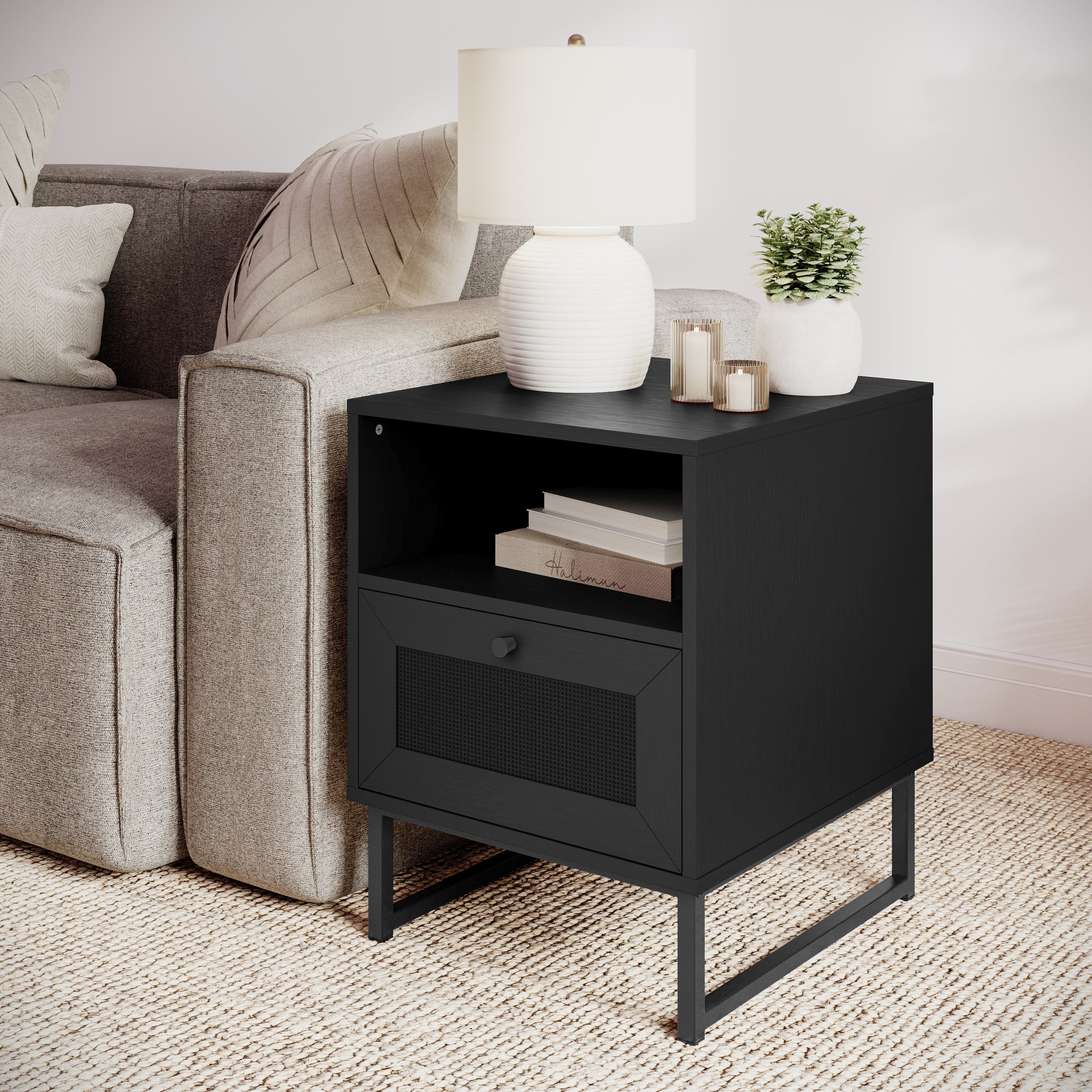 Malaki Set of 2 Mid-Century Modern Nightstands or End Tables with Rattan Accented Drawers, Open Upper Shelves, and Metal Legs