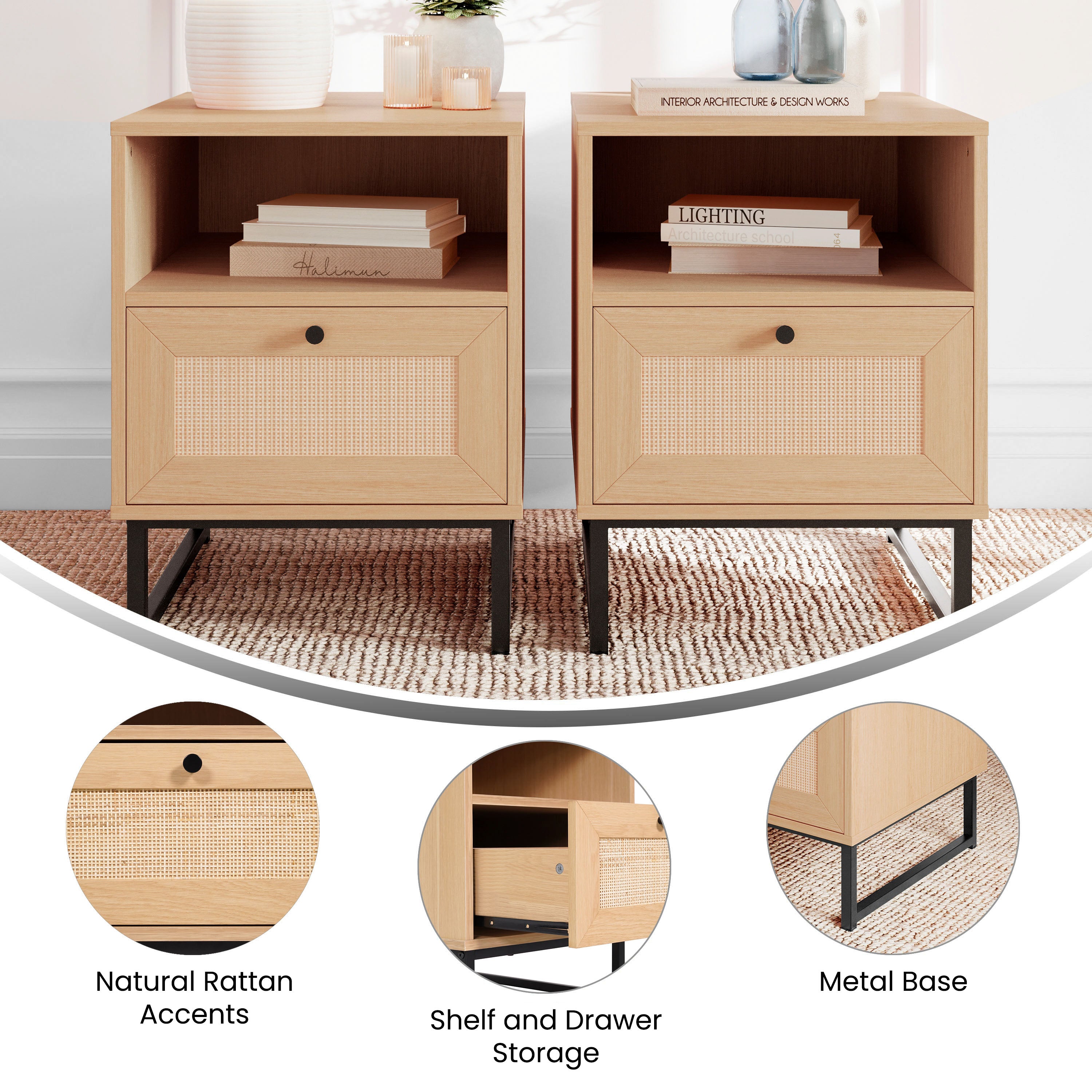 Malaki Set of 2 Mid-Century Modern Nightstands or End Tables with Rattan Accented Drawers, Open Upper Shelves, and Metal Legs