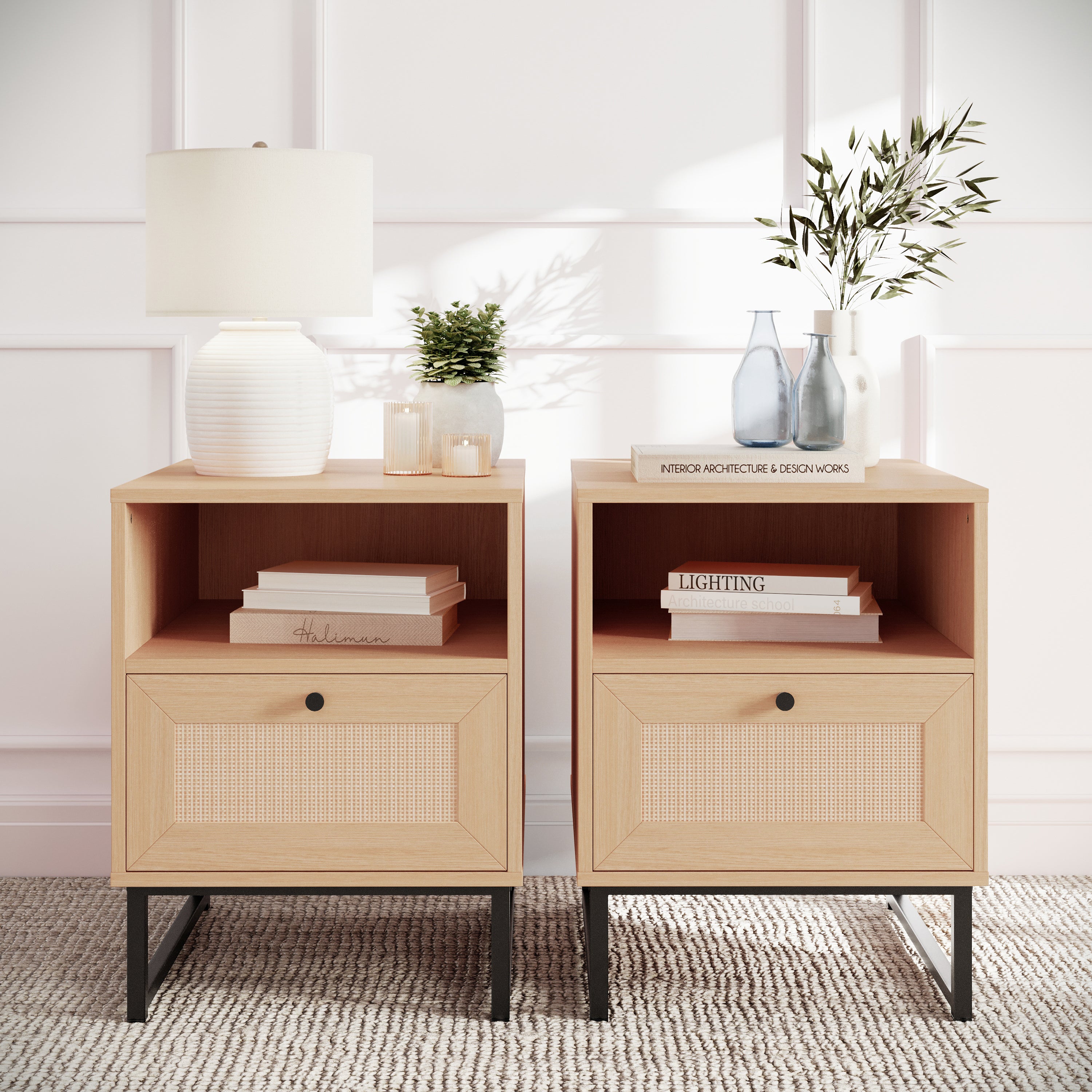Malaki Set of 2 Mid-Century Modern Nightstands or End Tables with Rattan Accented Drawers, Open Upper Shelves, and Metal Legs