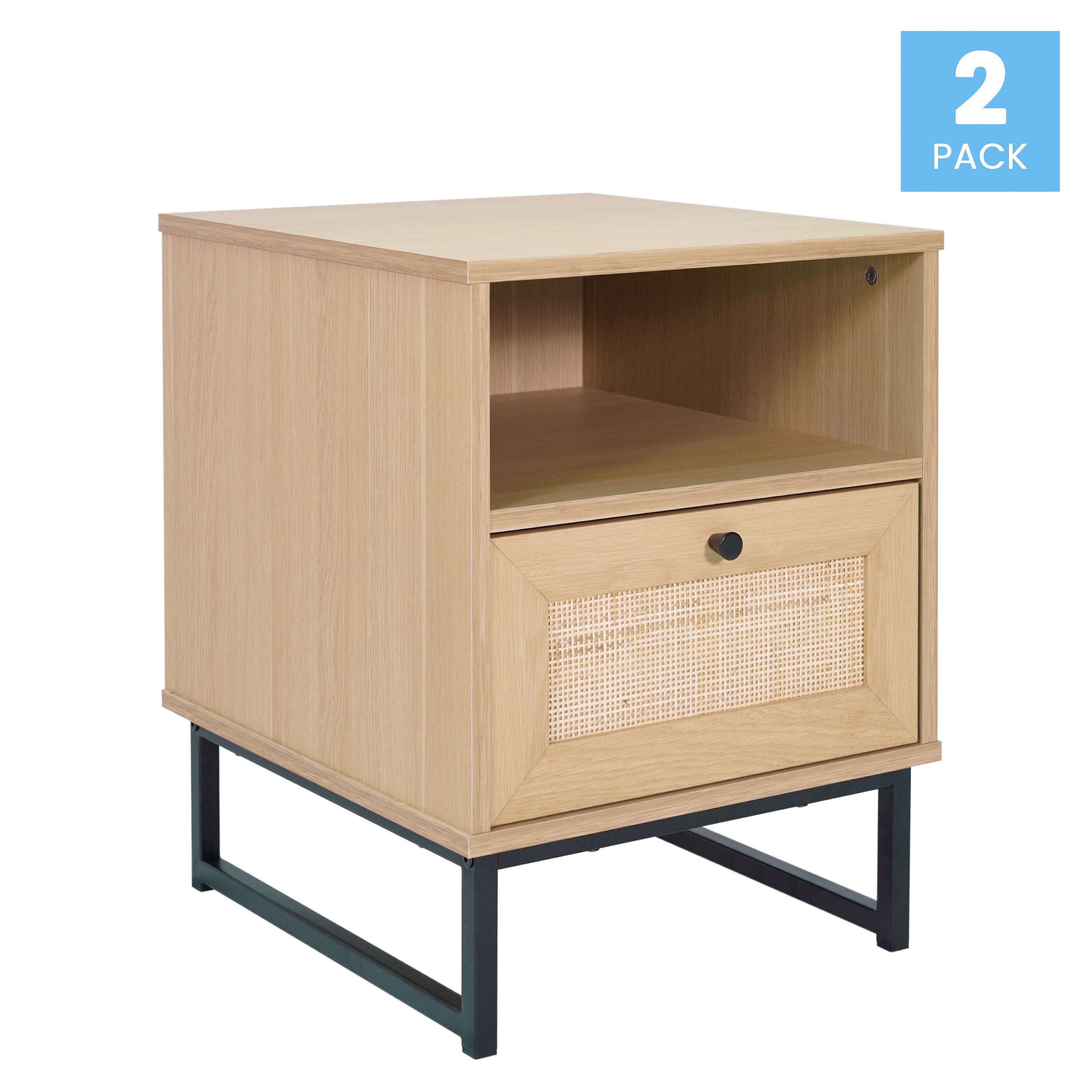 Malaki Set of 2 Mid-Century Modern Nightstands or End Tables with Rattan Accented Drawers, Open Upper Shelves, and Metal Legs