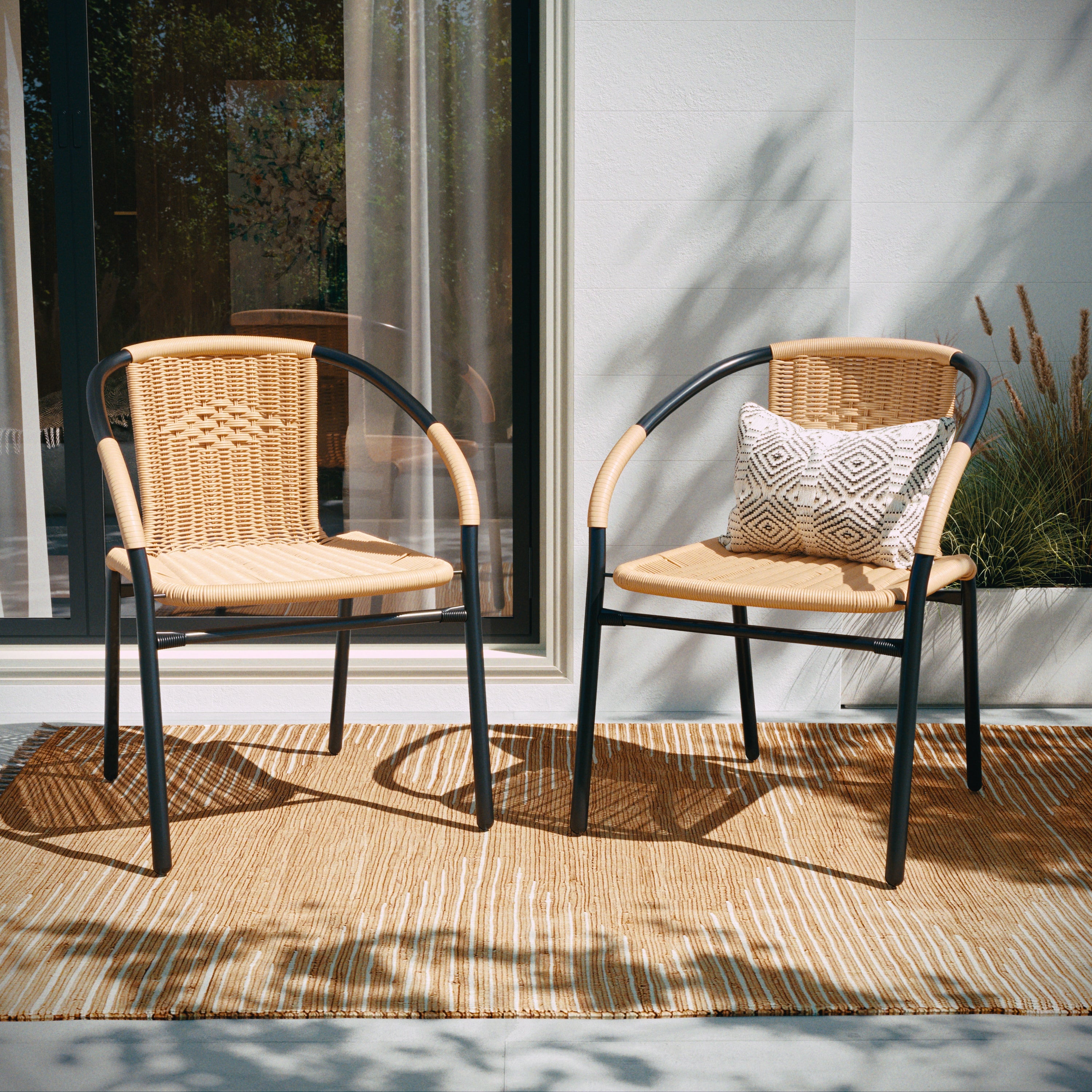 Lila 2 Pack Rattan Indoor-Outdoor Restaurant Stack Chair-Outdoor Chair-Flash Furniture-Wall2Wall Furnishings