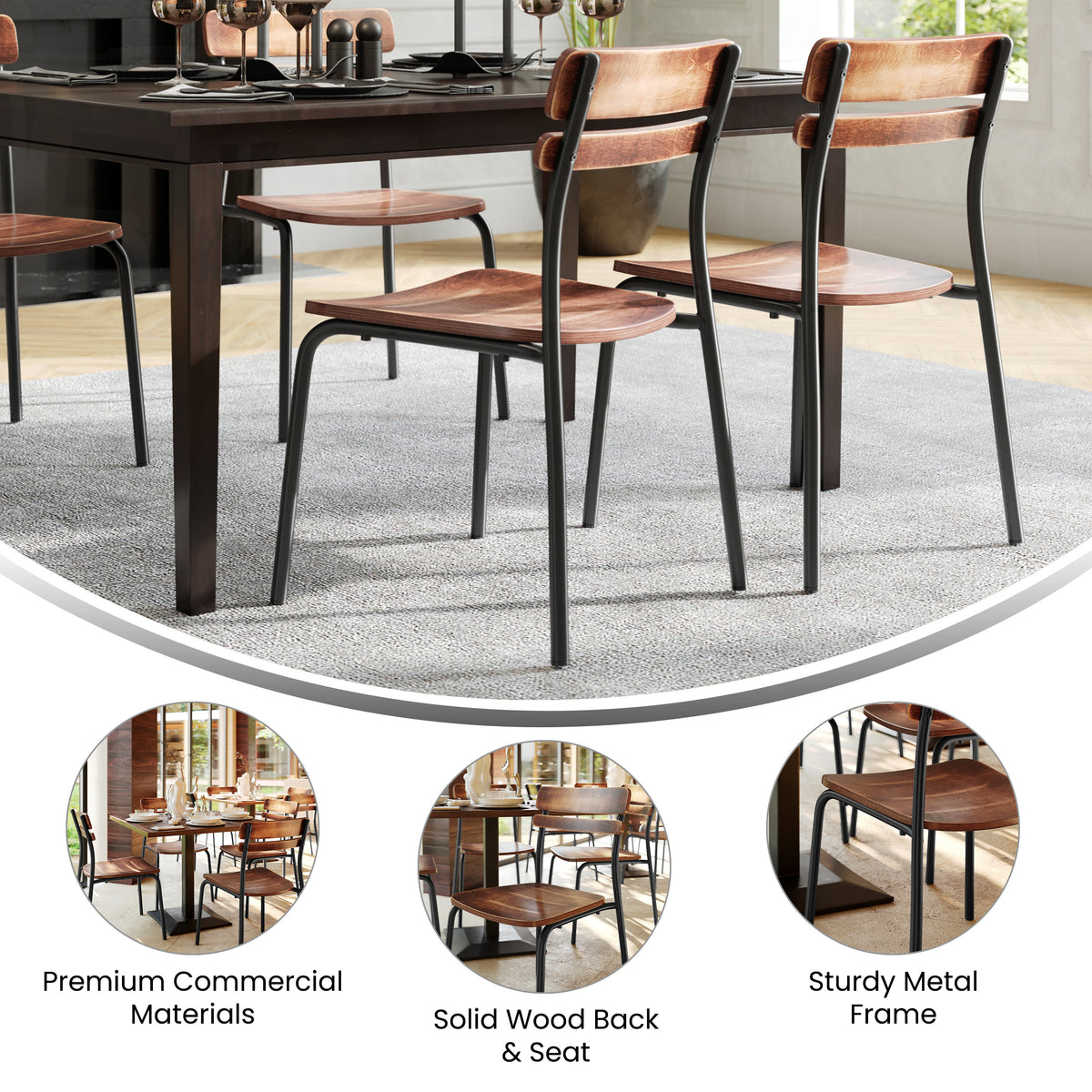 2 Pack Cyprus Commercial Grade Solid Wood Dining Chairs with Metal Frames and Antique Finish