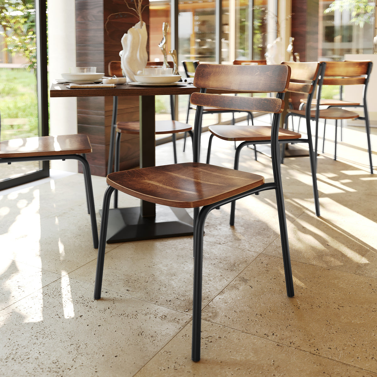 2 Pack Cyprus Commercial Grade Solid Wood Dining Chairs with Metal Frames and Antique Finish