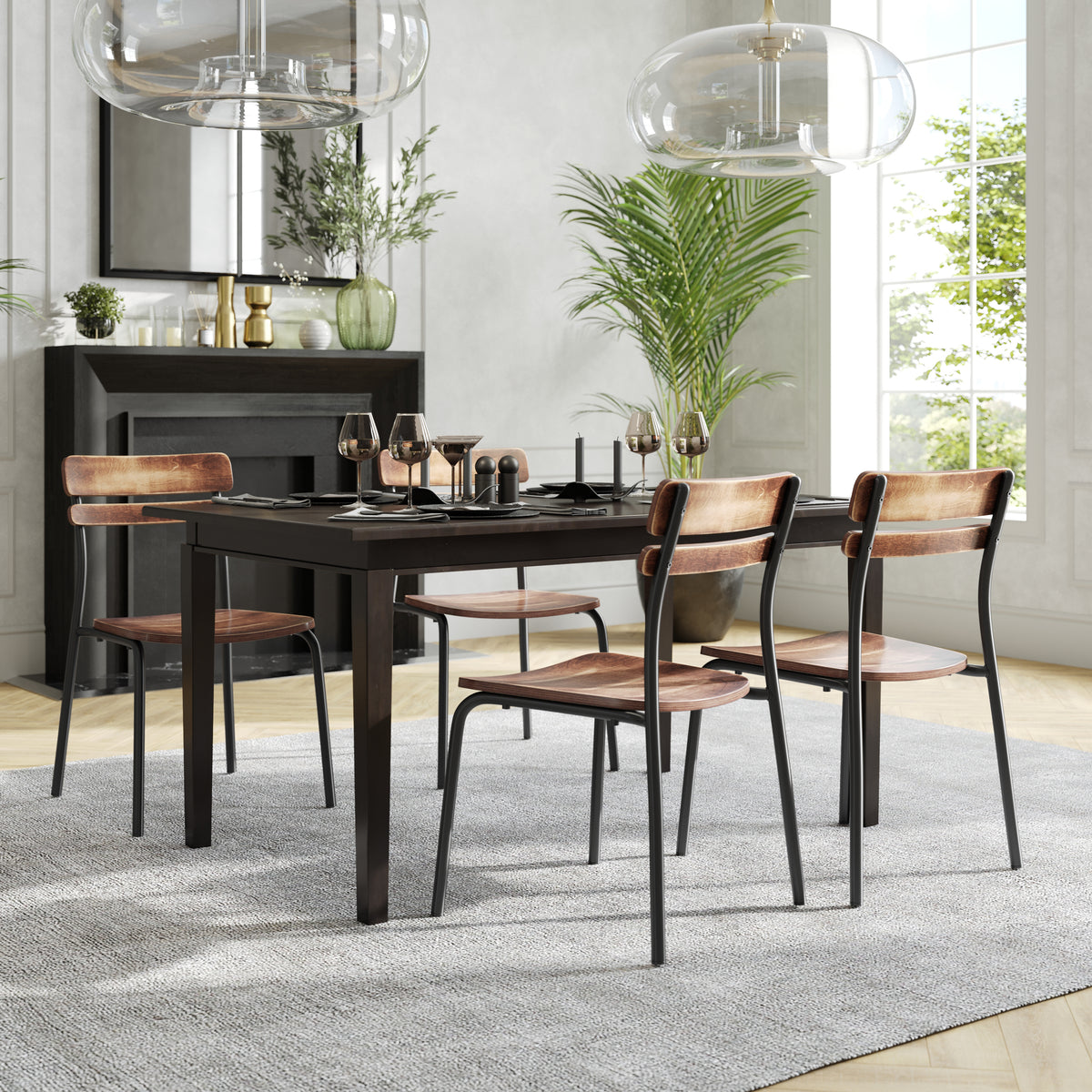 2 Pack Cyprus Commercial Grade Solid Wood Dining Chairs with Metal Frames and Antique Finish