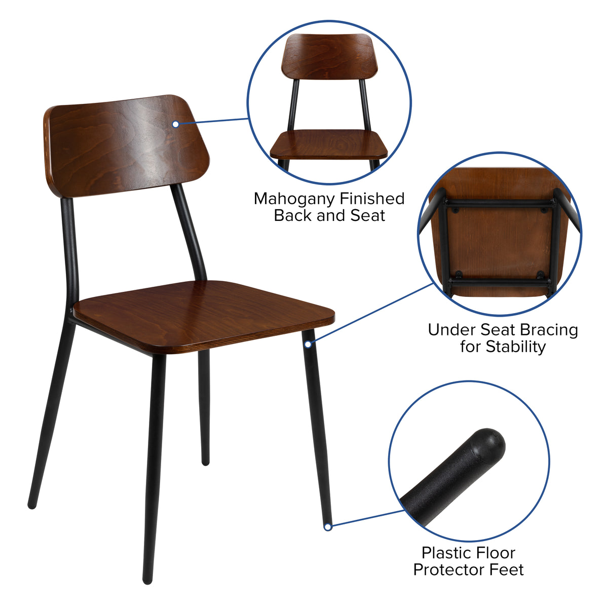 Industrial Dining Chair with Steel Frame and Rustic Wood Seat, Set of 2