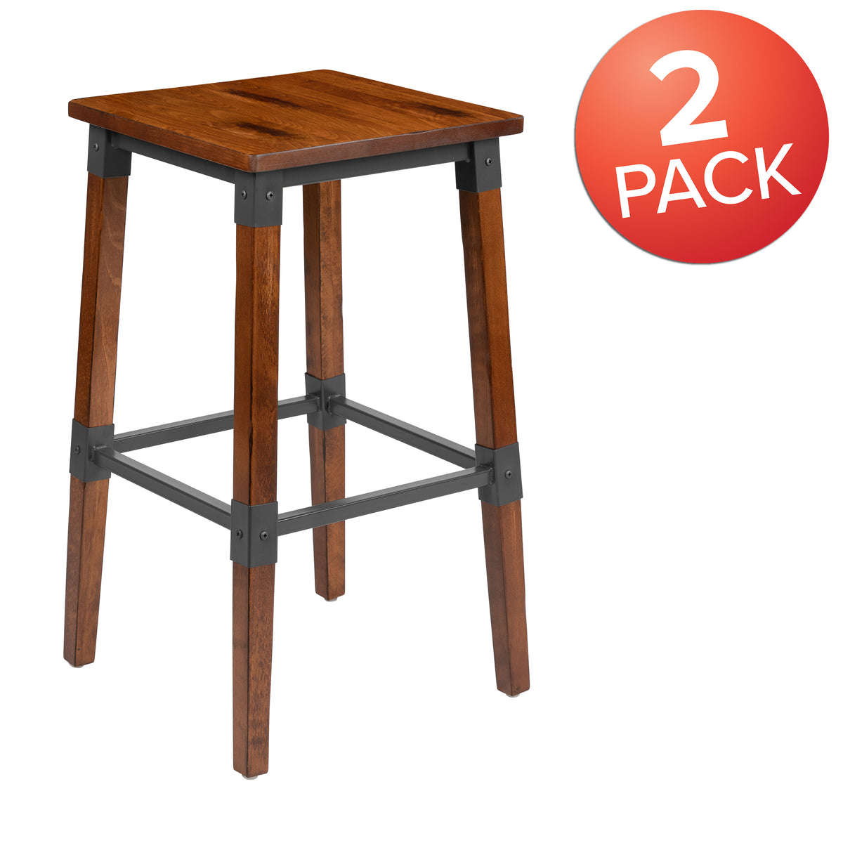 2 Pack Rustic Antique Industrial Wood Dining Backless Barstool