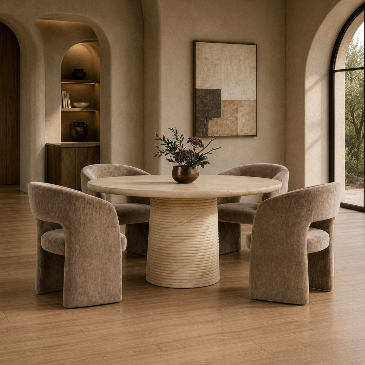 Sinai - Modern Faux Travertine Concrete Round Dining Table