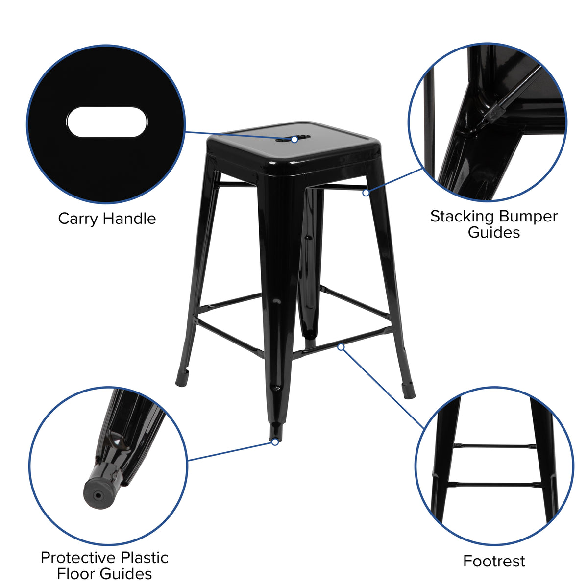 24" High Metal Counter-Height, Indoor Bar Stool - Stackable Set of 4