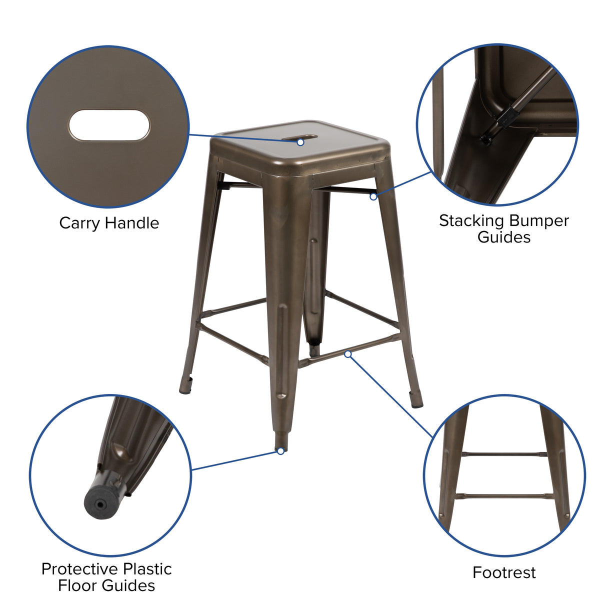 24" High Metal Counter-Height, Indoor Bar Stool - Stackable Set of 4
