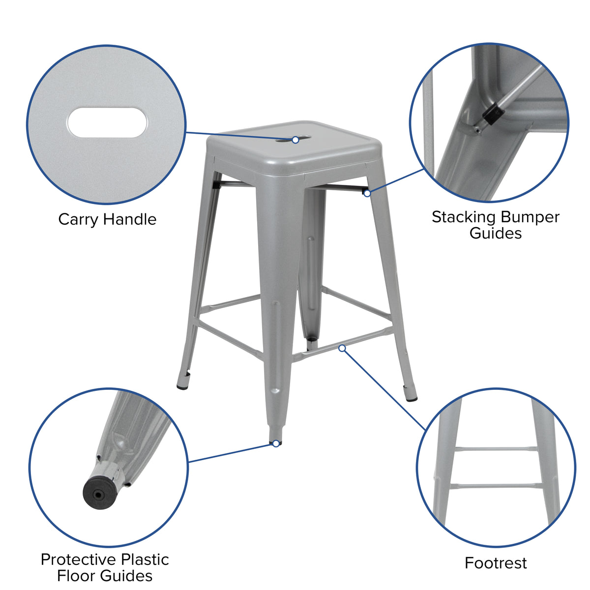 24" High Metal Counter-Height, Indoor Bar Stool - Stackable Set of 4