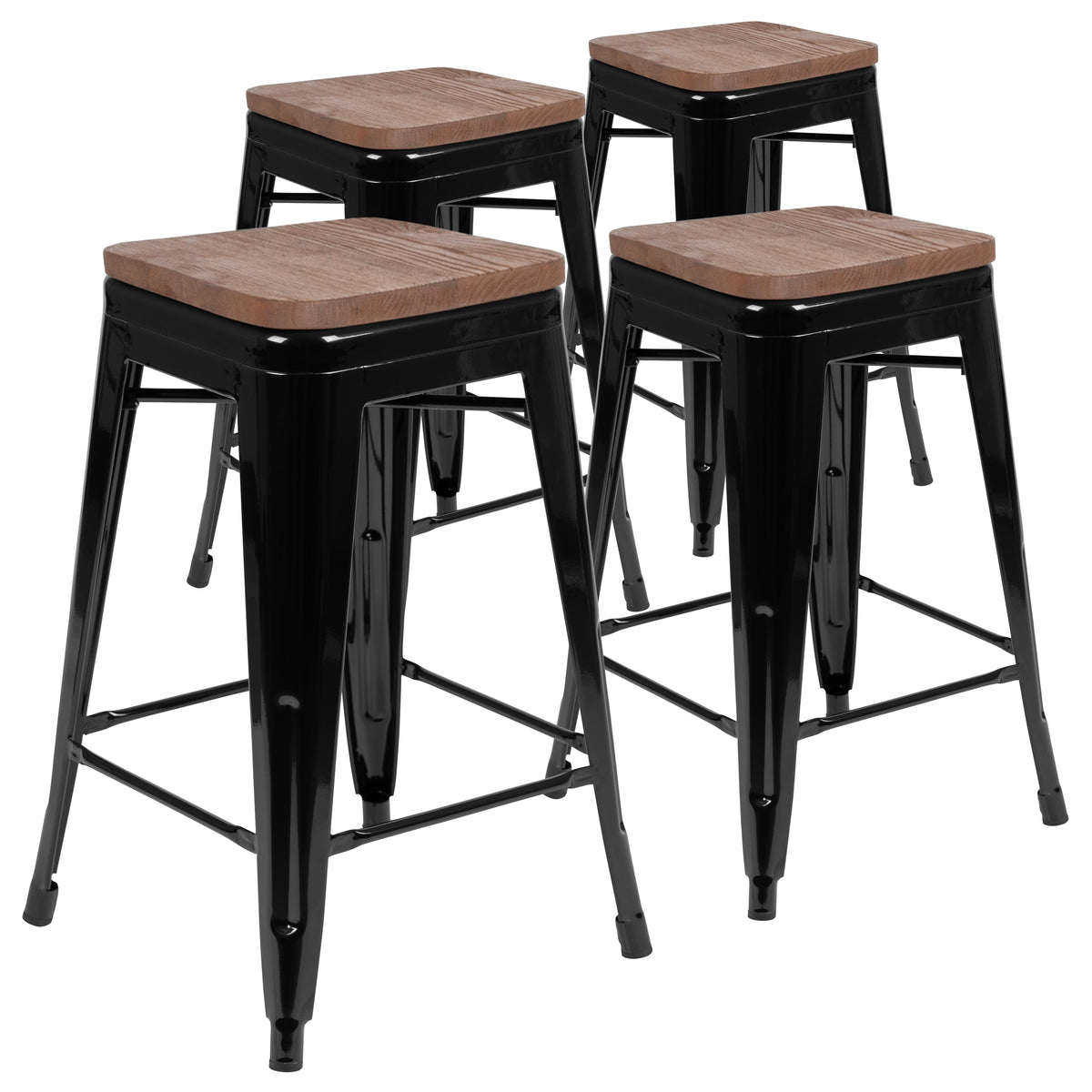 24" High Metal Counter-Height, Indoor Bar Stool with Wood Seat - Stackable Set of 4