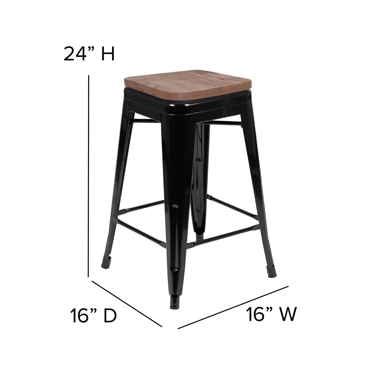 24" High Metal Counter-Height, Indoor Bar Stool with Wood Seat - Stackable Set of 4