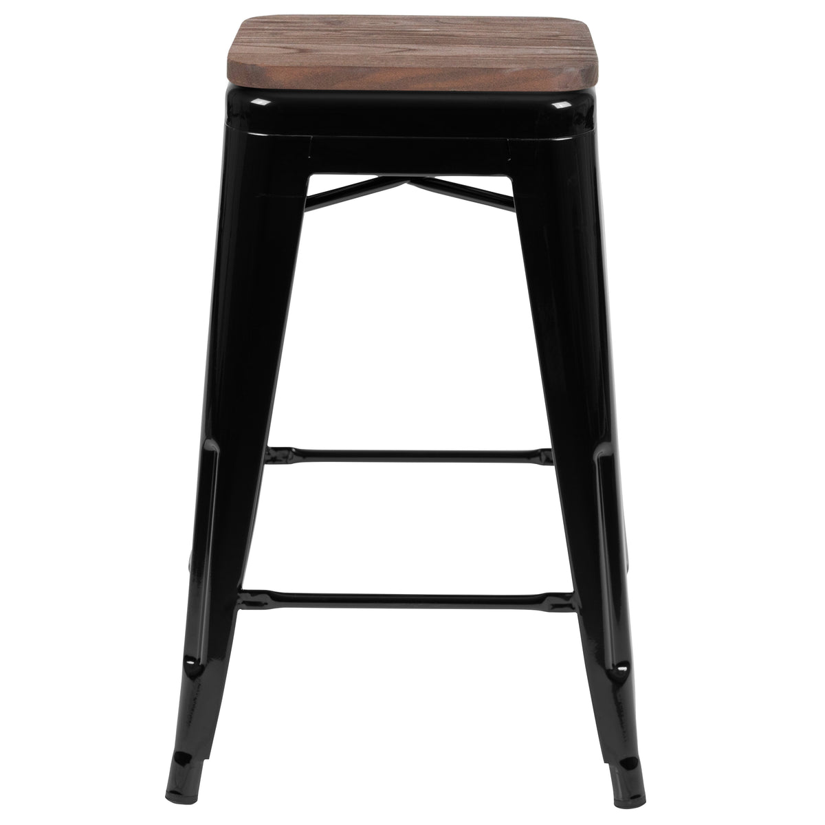 24" High Metal Counter-Height, Indoor Bar Stool with Wood Seat - Stackable Set of 4
