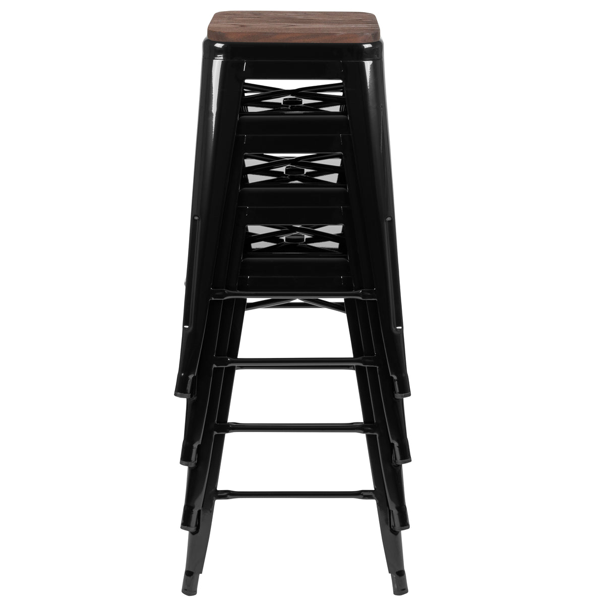 24" High Metal Counter-Height, Indoor Bar Stool with Wood Seat - Stackable Set of 4