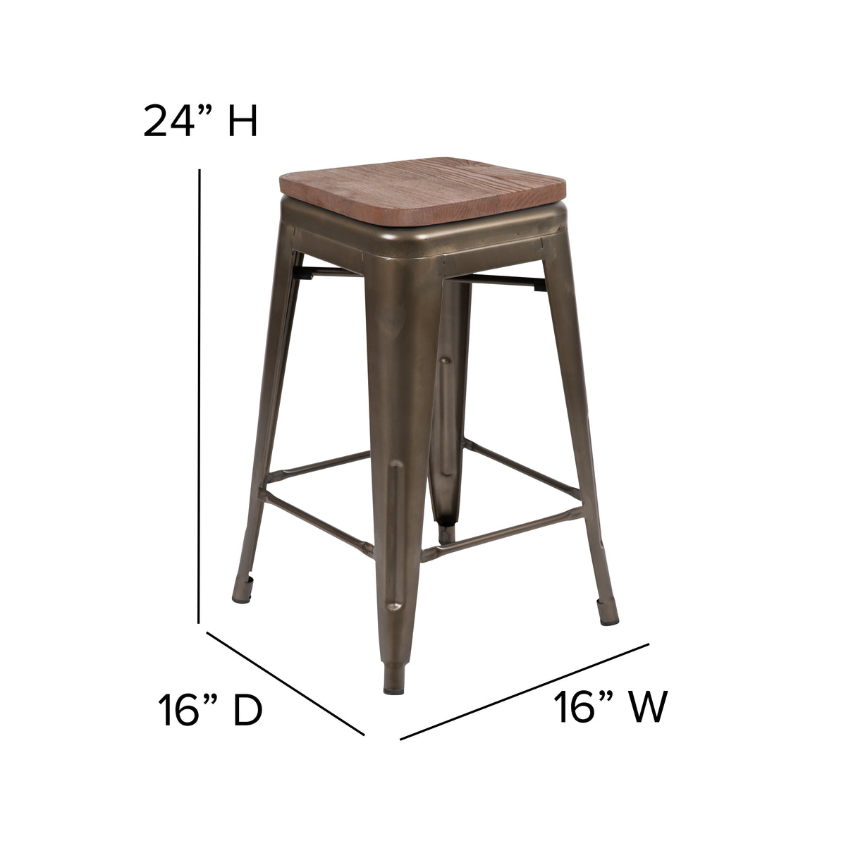 24" High Metal Counter-Height, Indoor Bar Stool with Wood Seat - Stackable Set of 4