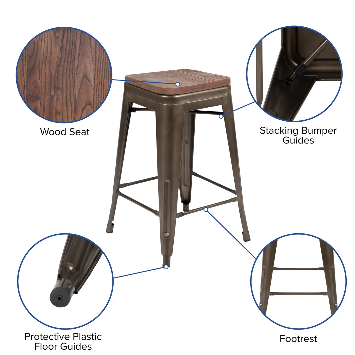 24" High Metal Counter-Height, Indoor Bar Stool with Wood Seat - Stackable Set of 4