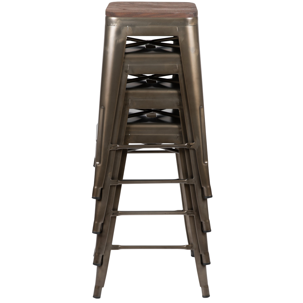 24" High Metal Counter-Height, Indoor Bar Stool with Wood Seat - Stackable Set of 4