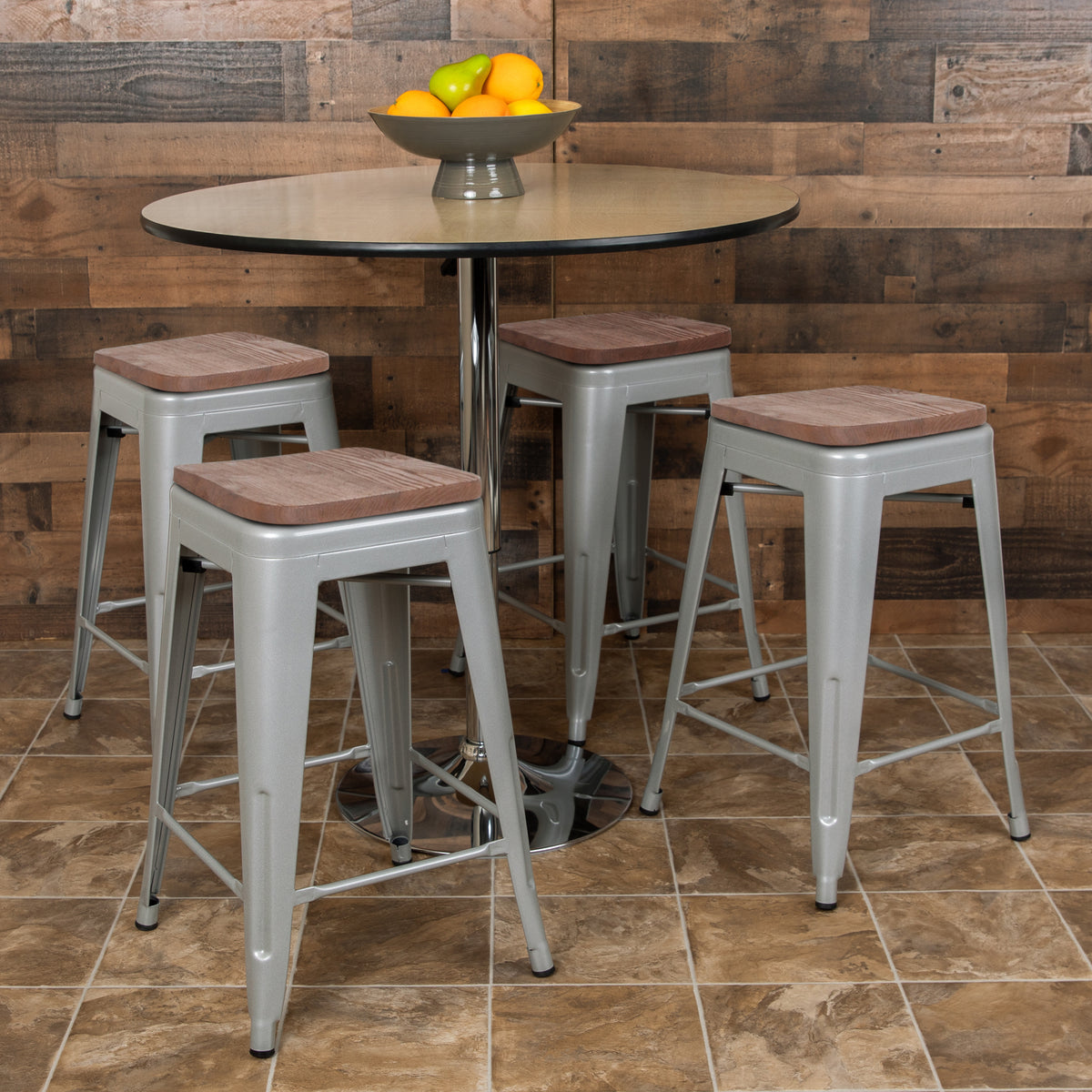 24" High Metal Counter-Height, Indoor Bar Stool with Wood Seat - Stackable Set of 4
