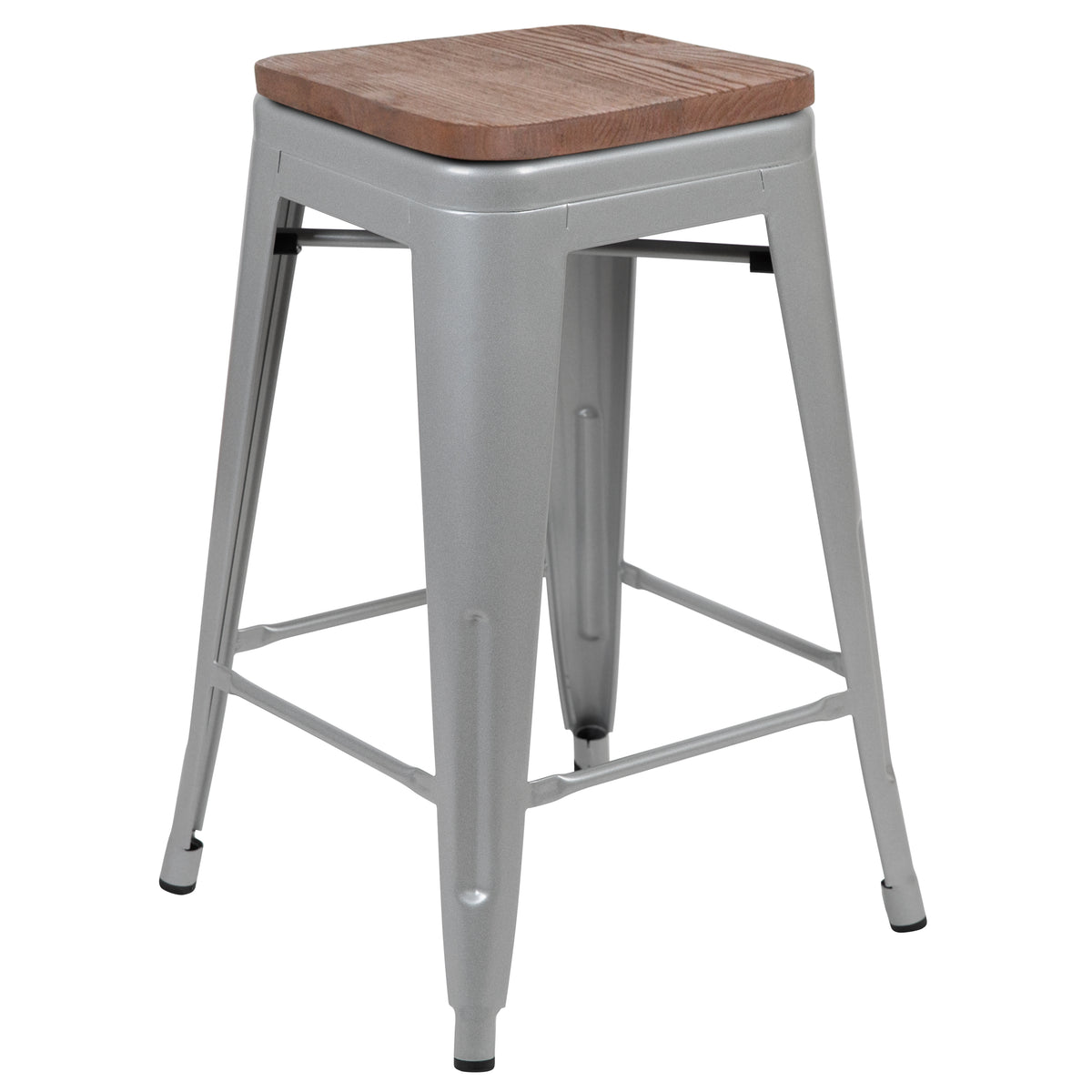 24" High Metal Counter-Height, Indoor Bar Stool with Wood Seat - Stackable Set of 4