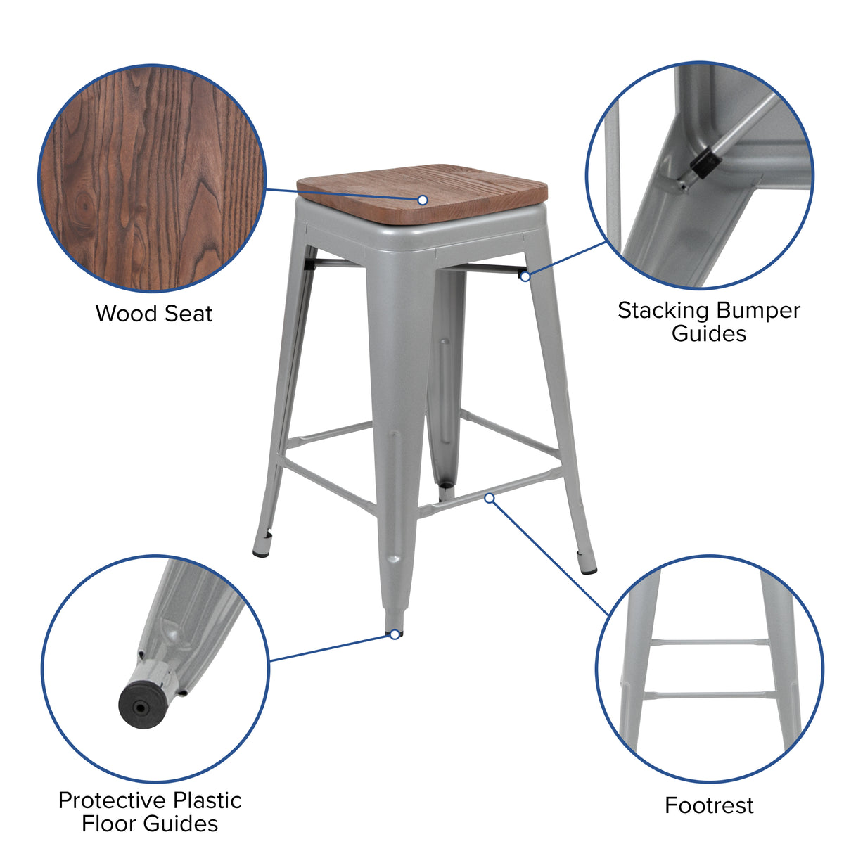 24" High Metal Counter-Height, Indoor Bar Stool with Wood Seat - Stackable Set of 4