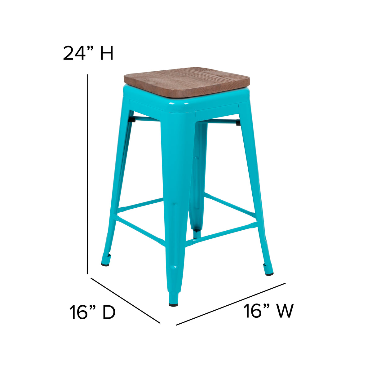 24" High Metal Counter-Height, Indoor Bar Stool with Wood Seat - Stackable Set of 4